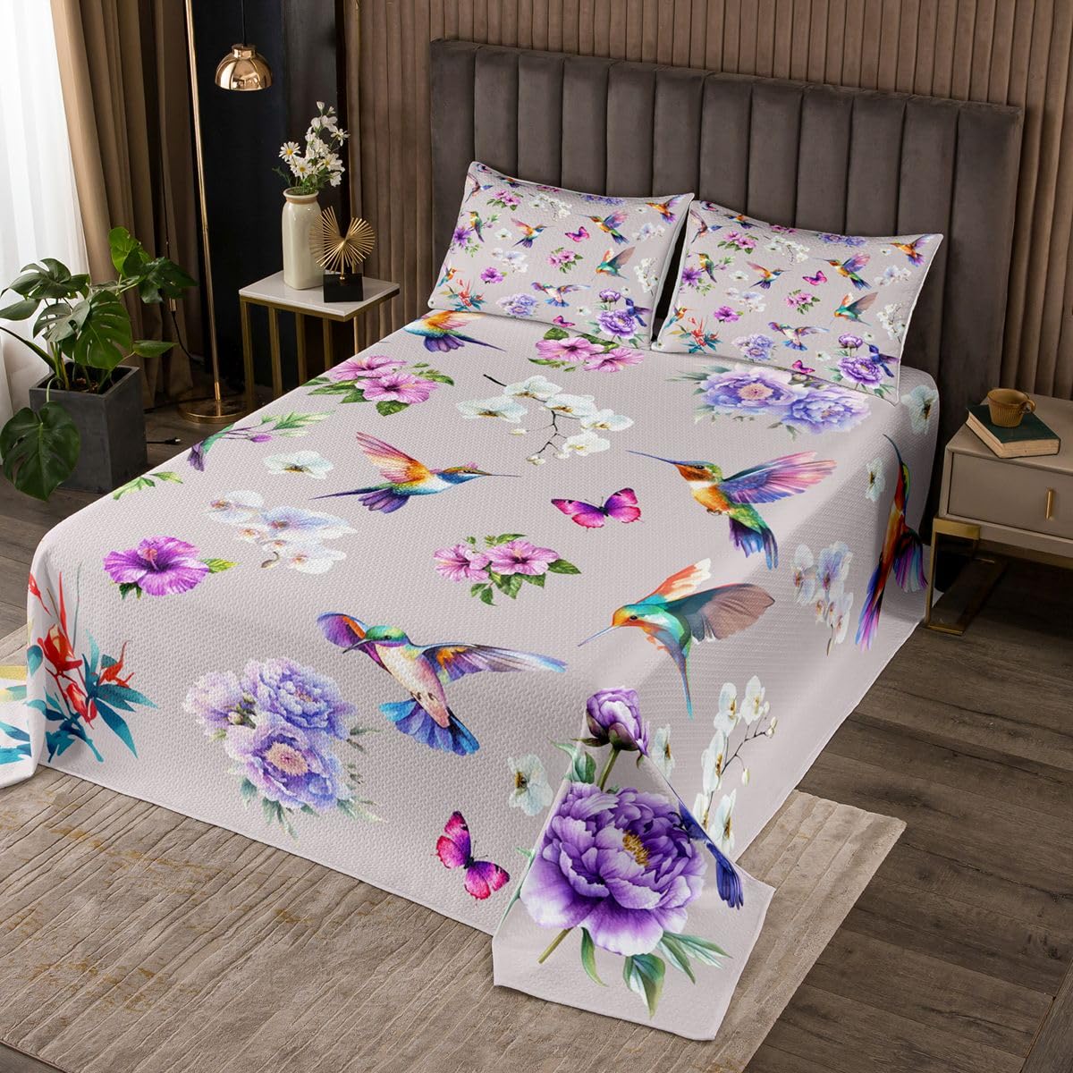 Kolibri narzuta dzienna, 1 poszewka na poduszkę, naturalnie kwitnące kwiaty, fioletowa, dla dzieci, nastolatków, akwarela, kwiatowa, roślina, botaniczna, zestaw pościeli, rozmiar S