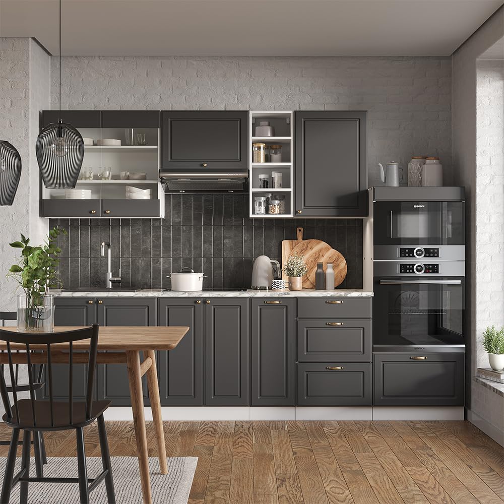 Vicco Cucina componibile Fame-Line, Antracite-Oro/Bianco, 280 cm, PL Marmo, per l'espansione personalizzata tramite moduli aggiuntivi compatibili