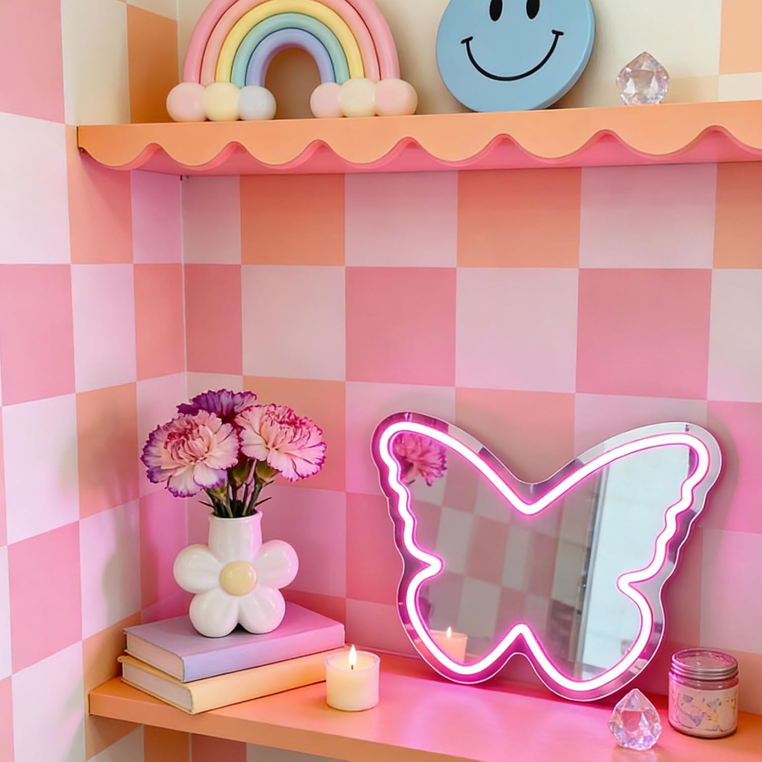 Butterfly Neon Sign with Mirror Backing - Dimmable LED Mirror Wall Decor for Girl's Bedroom, 16x12 Inch Glowing Purple Butterfly Vanity Mirror with Lights, USB Powered Kids Room Gift
