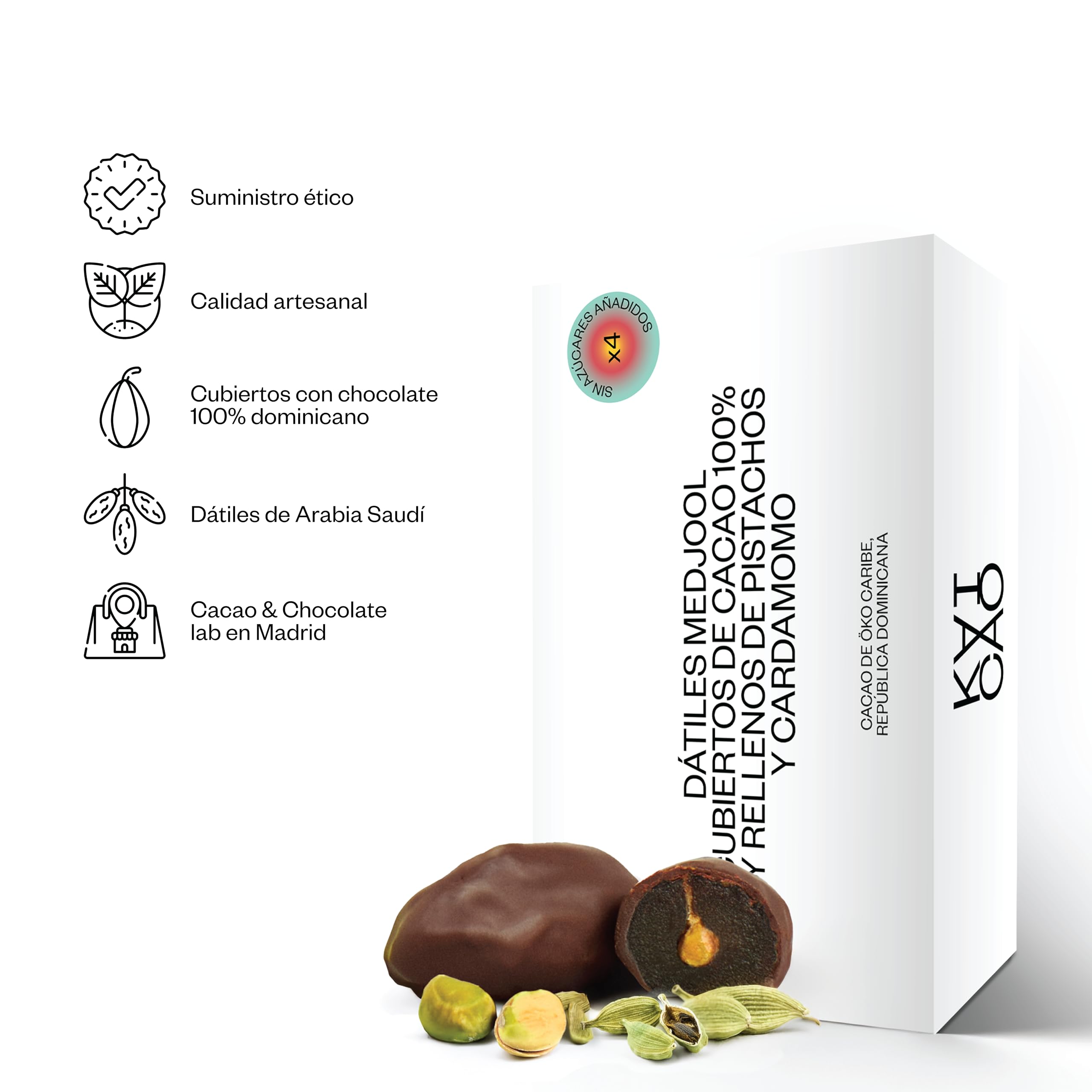 Kaicao Dátiles Medjool - Rellenos de Pistacho y Cardamomo, Cubierto con Chocolate 100% Cacao Origen Oko, República Dominicana - Sin Azúcar Añadida - Snack Saludable - Dátil - Pack de 8 Dátiles