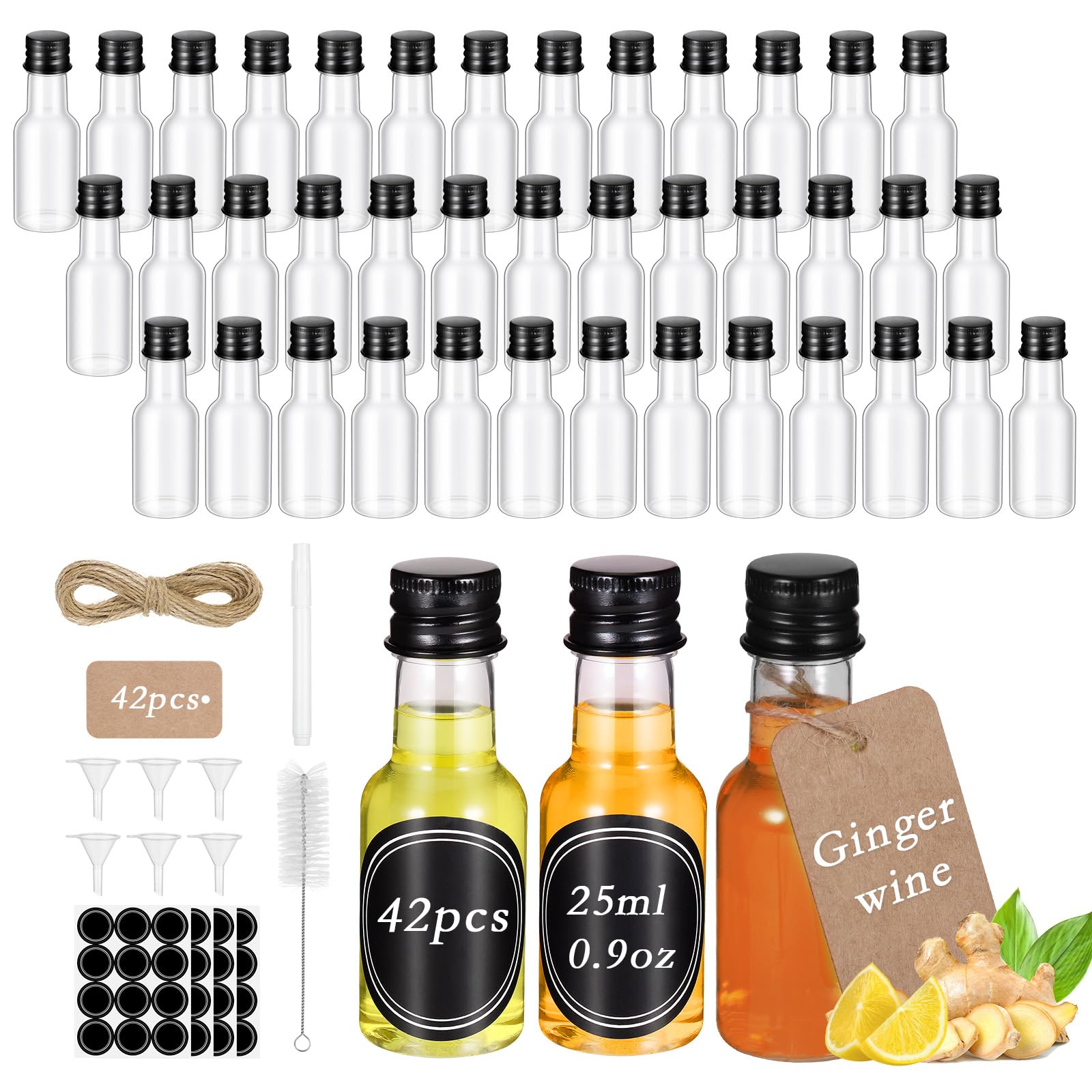 Hejo 42 Pcs Mini Liquor Bottles, 25ml Leakproof Mini Plastic Juice Bottle with Lids, Refillable Reusable Miniature Empty Bottles for Homemade Juice, Milk, Oil, Travel Size, DIY Crafts