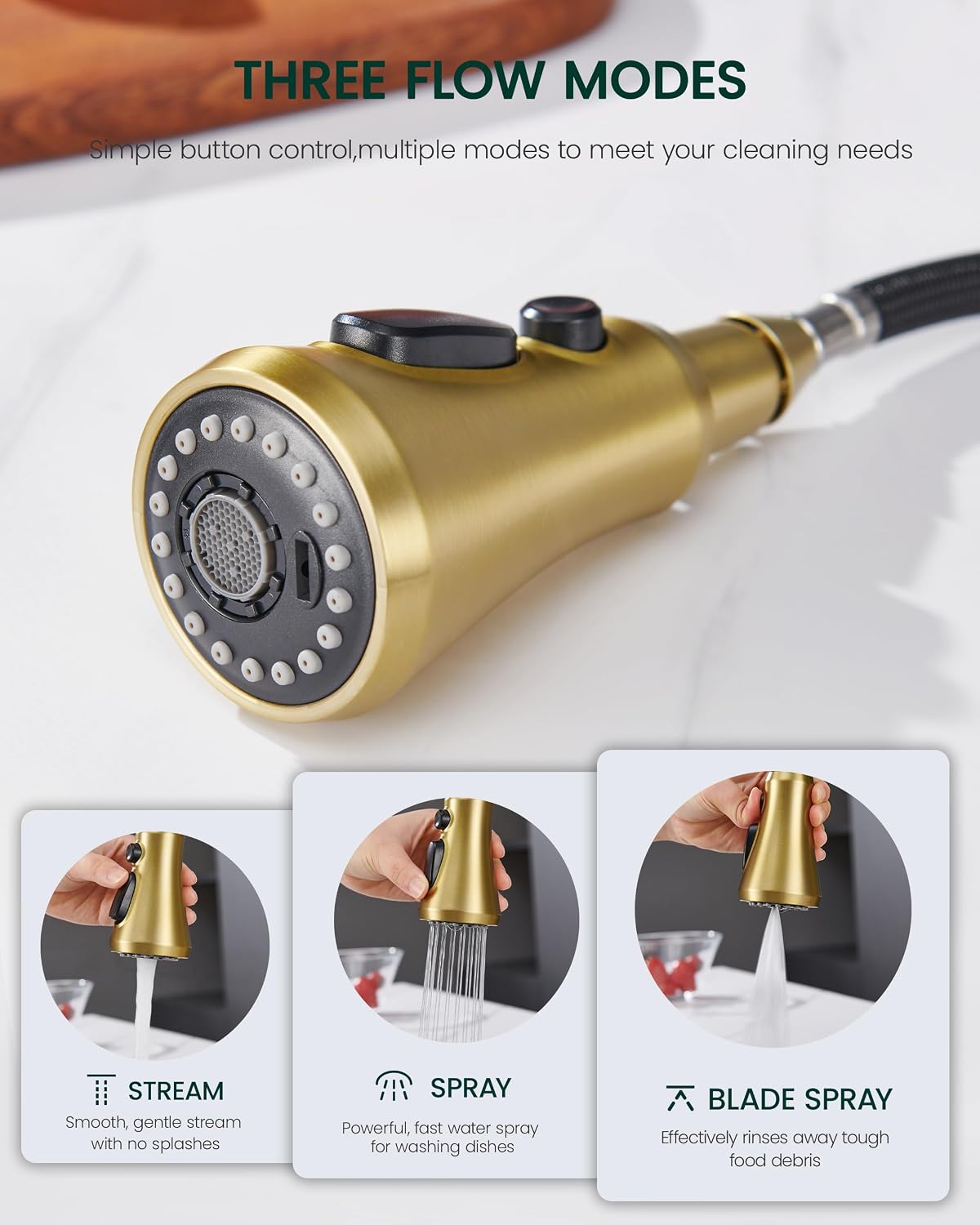 Kitchen Faucet Head Replacement, 3-Function Pull Down Faucet Spray Head with 15 Adapters - Replacement Pull-Out Sink Spout Sprayer Nozzle, Brushed Gold