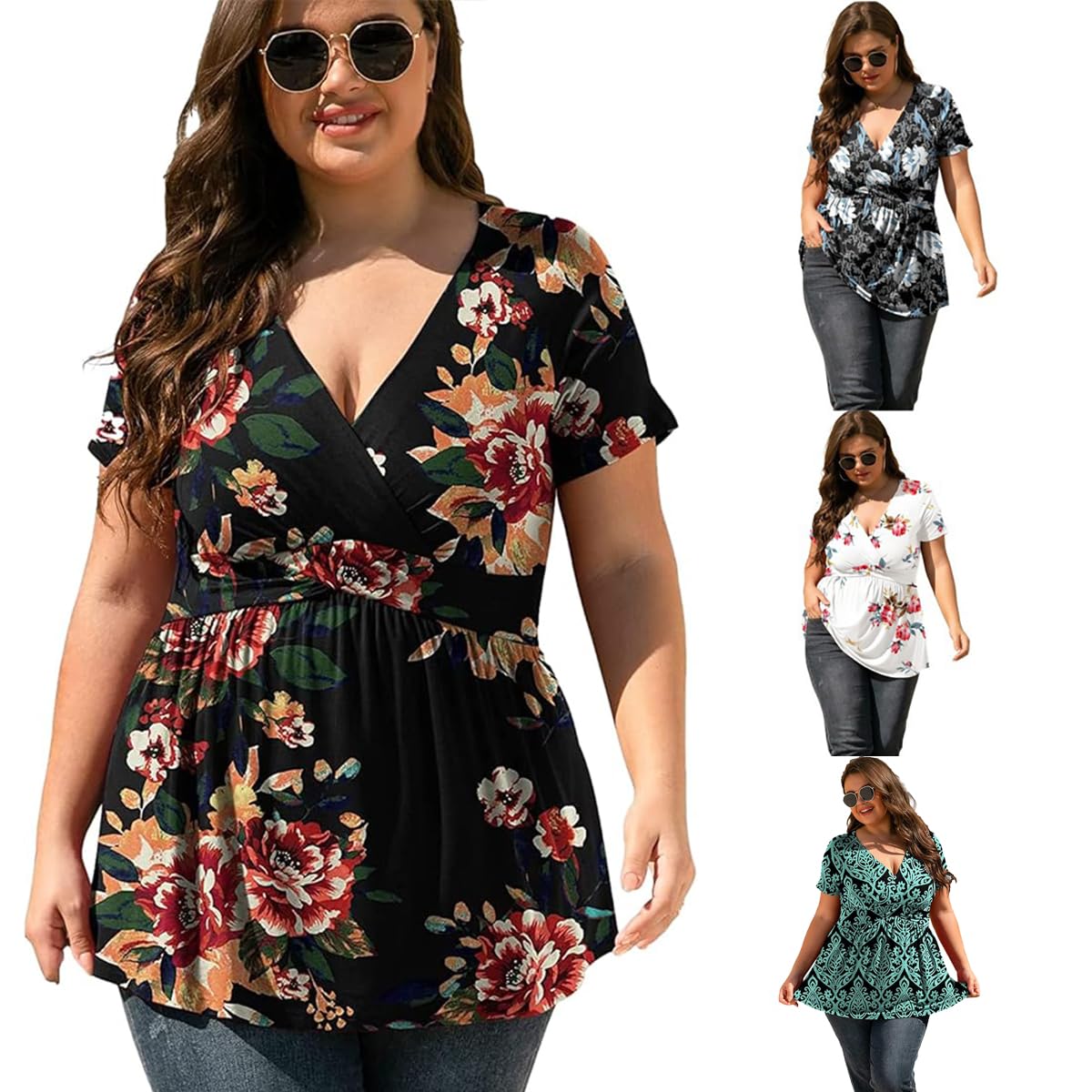 LIAMERHE Camiseta Manga Corta Mujer Verano Talla Grande Moda Camisa Blusa Cuello en V Tops Casual T-Shirt Elegantes