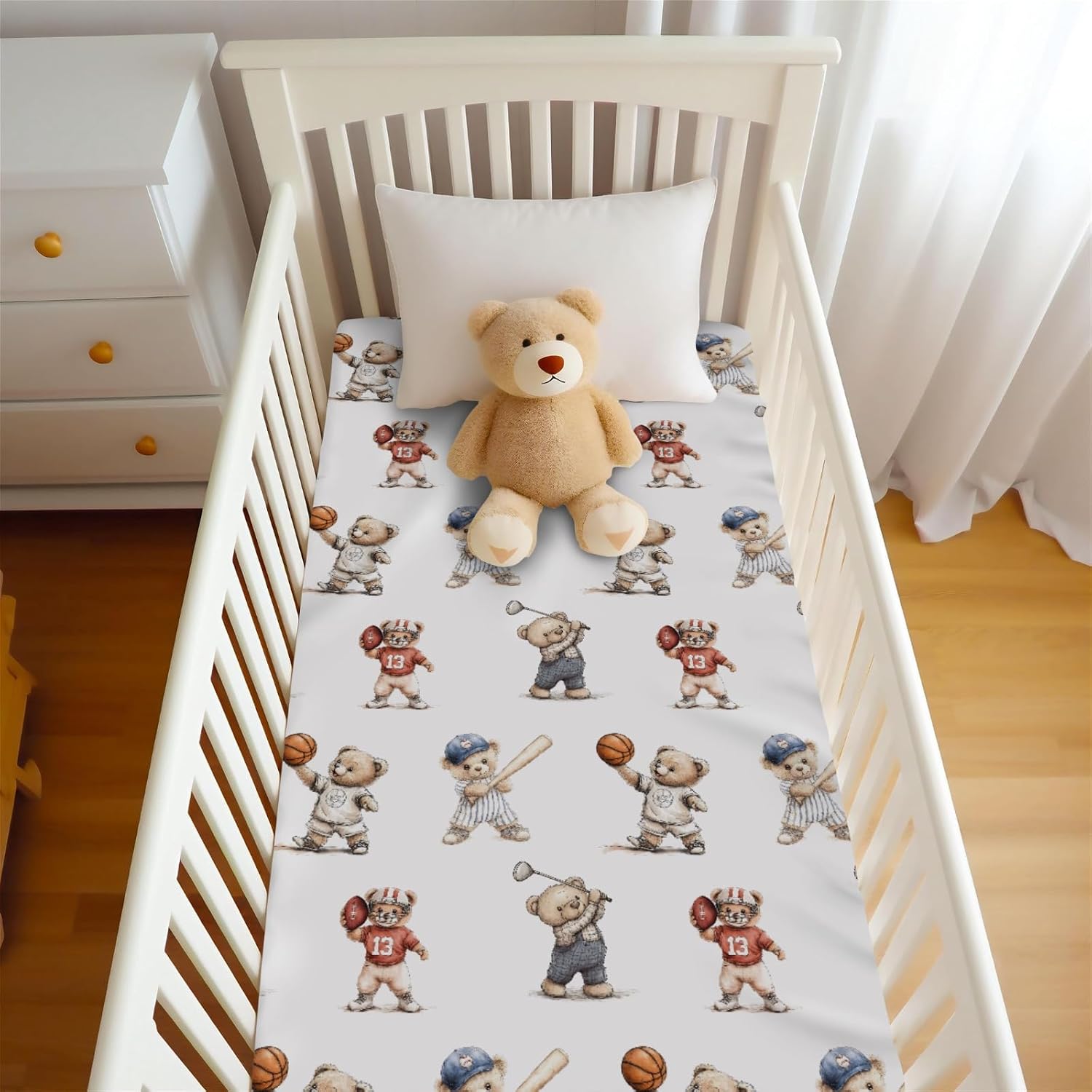 Cute Sport Bears Golf Baseball Basketball Fitted Baby Crib Sheet for Boys Girls 28x52 Inch Sports Lover Gift Baby Sheet for Standard Crib and Toddler Mattress Nursery Bed Sheets