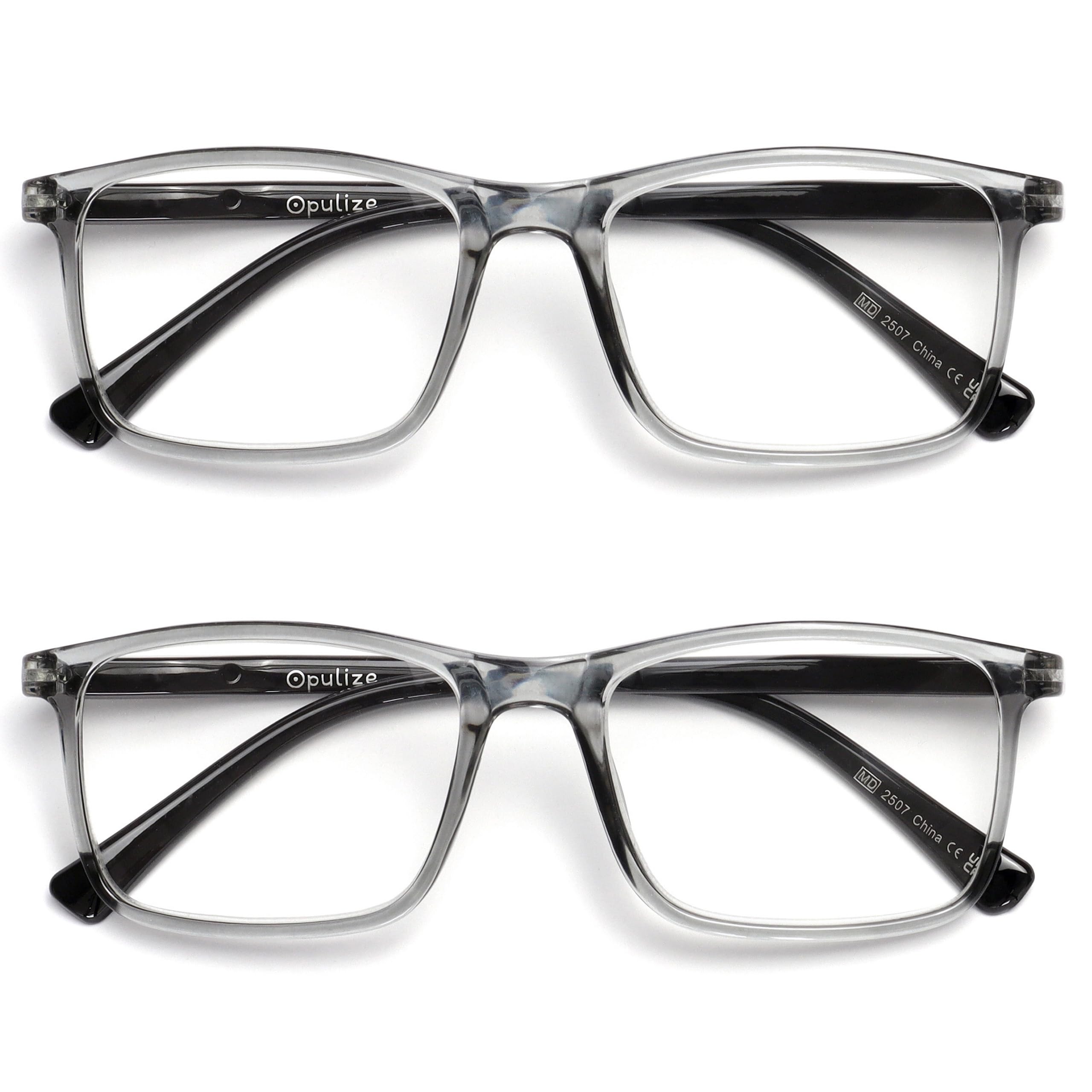 OPULIZE INK Reading Glasses - Value 2 Pack - Large Rectangular Frame - Spring Hinges - Scratch Resistant - Transparent Grey Black Arm - Mens Womens +2.50