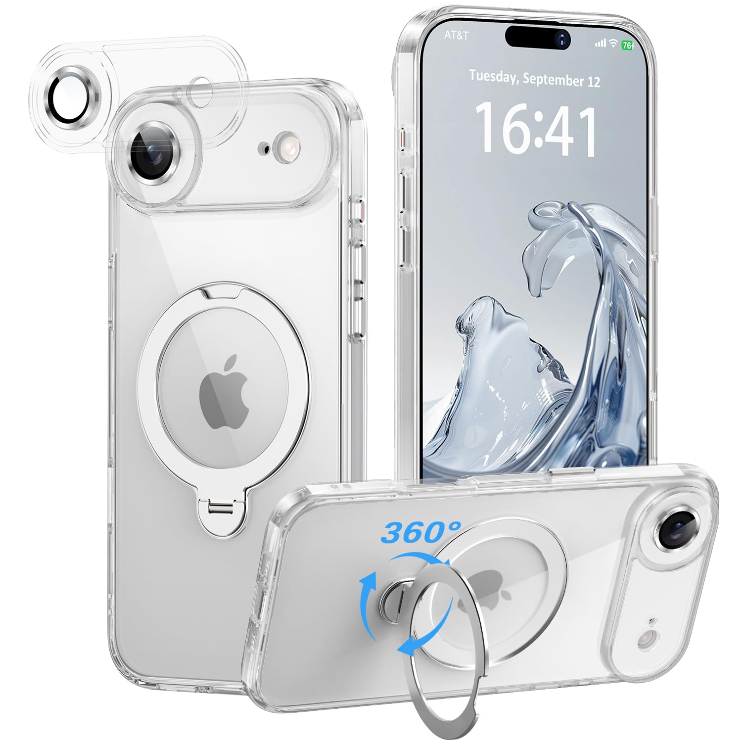 iPhone 17 Air 用 ケース【極限の透明感と保護力】 4in1 カメラ保護一体/MagSafe対応/360度回転スタンド/ストラップホール穴付き 縦横両対応 黄ばみ防止 ワイヤレス充電対応 耐衝撃 カメラフィルム マグネット搭載車載ホルダー対応 マグセーフ対応 iphone air ケース (クリア, iPhone 17 Air)