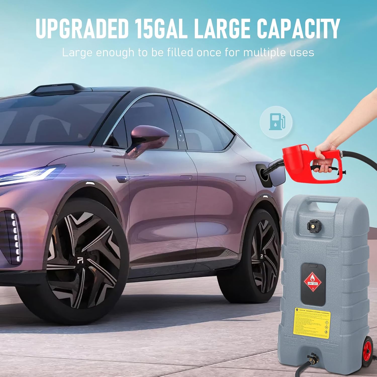 PAMBEE 15 Gallon Gas Can, Fuel Tank Container with LE Fluid Transfer Manual Siphon Pump & 10FT Hose, Portable Diesel Gas Storage Caddy with Wheels for Car, ATV, Weeder, Boat, etc., Grey