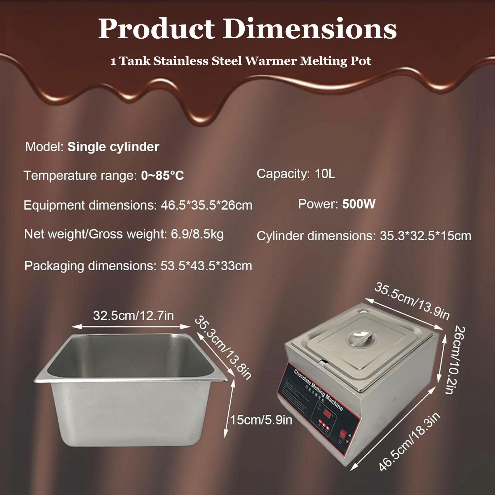 Fondoir à Chocolat 500 W, tempéreuse à Chocolat Professionnelle avec contrôle de température de 0 à 85 °C pour Faire Fondre Le Beurre, Le Fromage, la crème et Les Bonbons Single-Cylinder