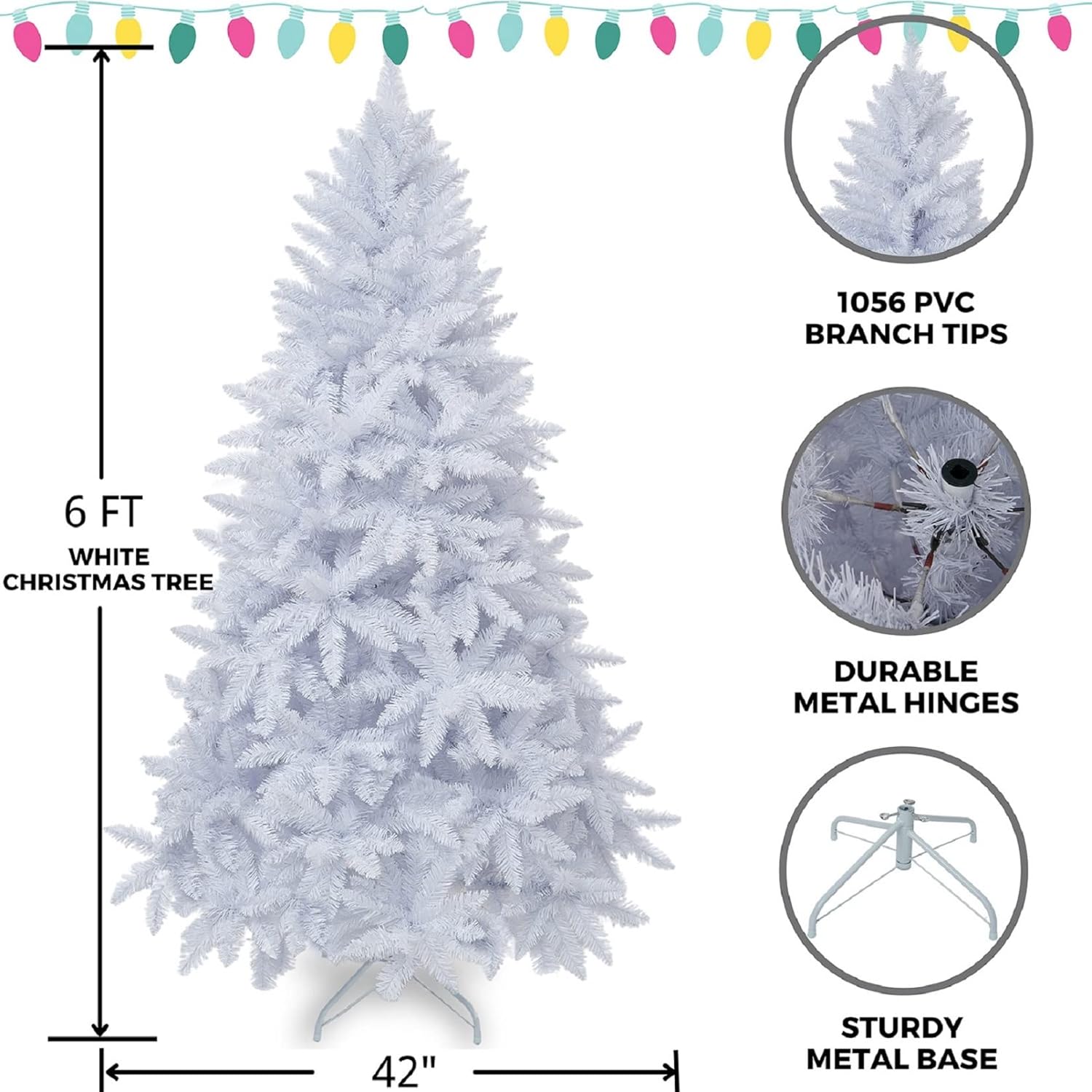 Soulty Artificial White Christmas Tree 6ft - Unlit Premium Hinged Full Classic Spruce Colorful Xmas Tree with 1176 PVC Tips & Foldable Metal Stand-Easy Assembly Holiday Party Decor for Home and Office