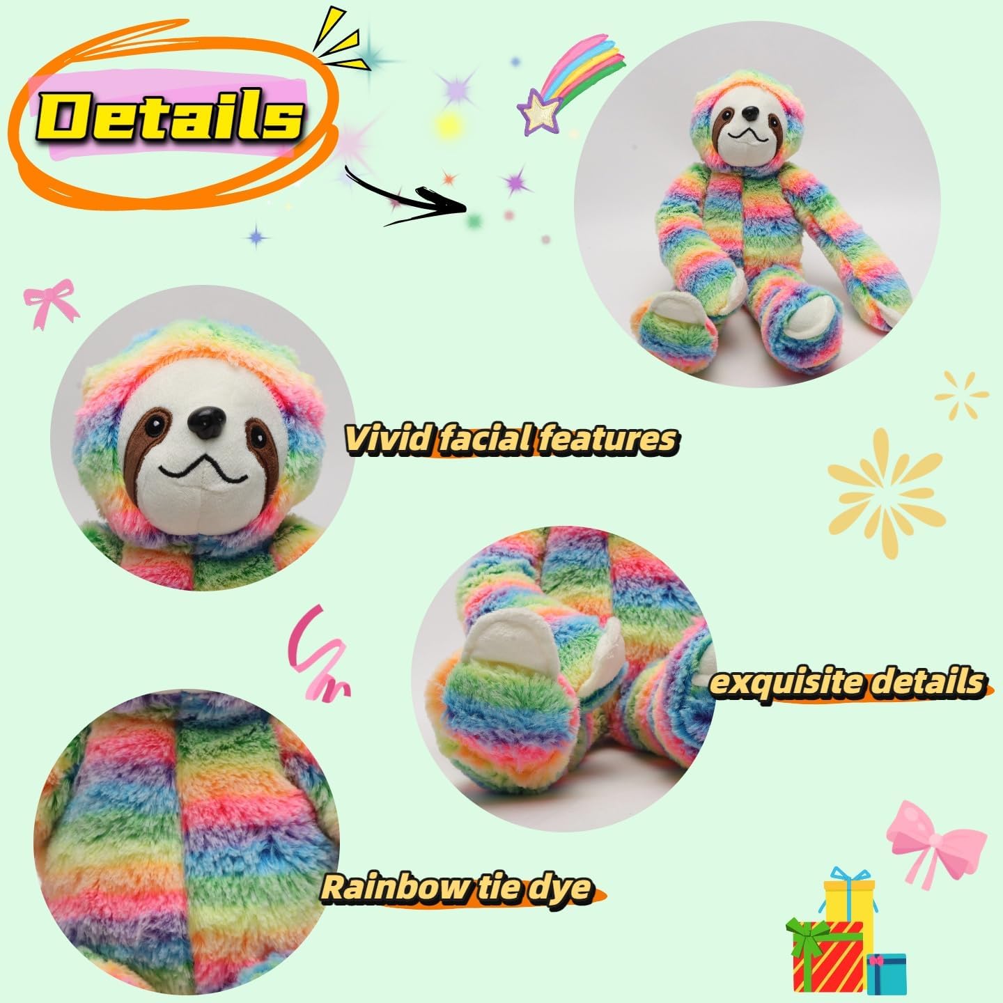 18" Tie-Dye Rainbow Sloth Plush Toy, Soft Wildlife Stuffed Animal, Cute Colorful Cuddly Toy, Perfect Birthday for Kids, Friends, Wildlife Lovers, Room Decor