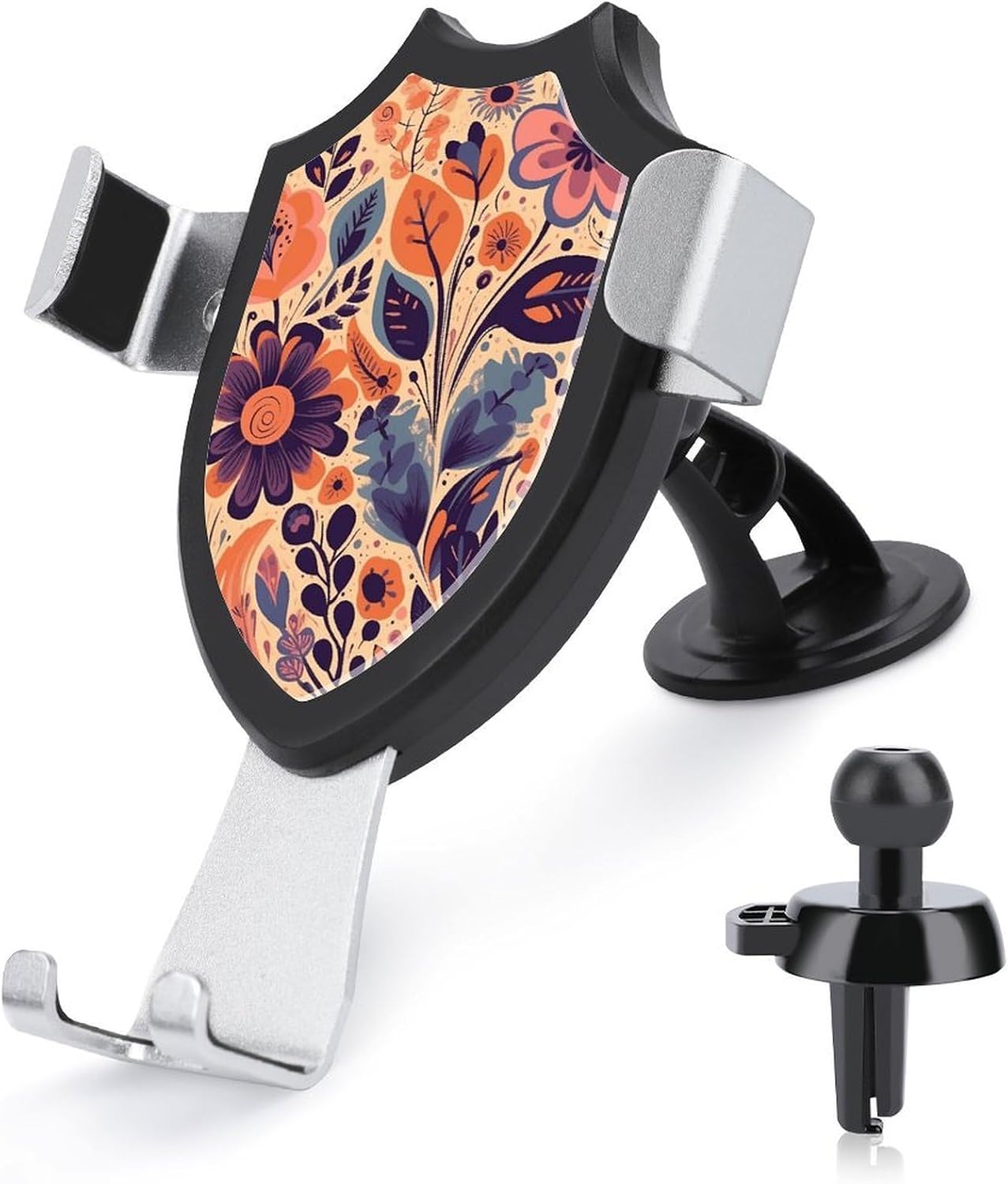 Orange and Purple Flowers Car Phone Holder Anti-Slip Shield Shape Truck Cradle Stand Adjustable Upgraded Clip Not Easy to Fall Off Car Phone Mount for Dashboard Windshield Vent