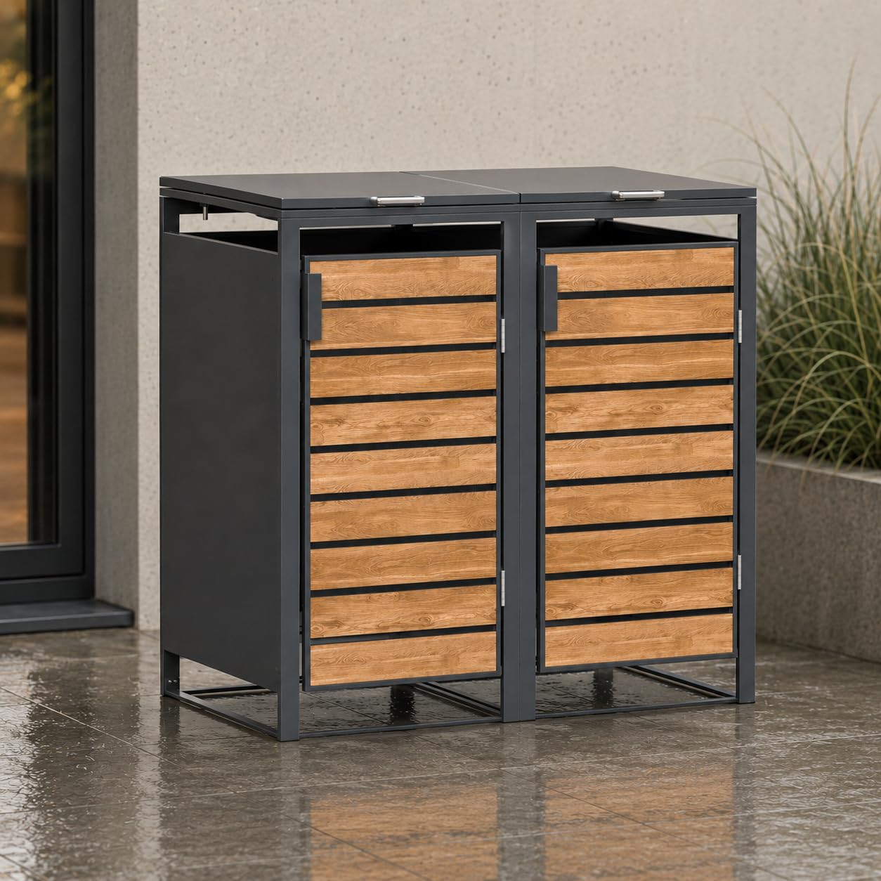 JOMO Mülltonnenbox 2er 120L mit Holzoptik, Mülltonnenhaus aus verzinktem Stahl für 2X 120L Tonne, wetterfeste Mülltonnenverkleidung mit Holzdekor, stabile Müllbox mit Belüftung