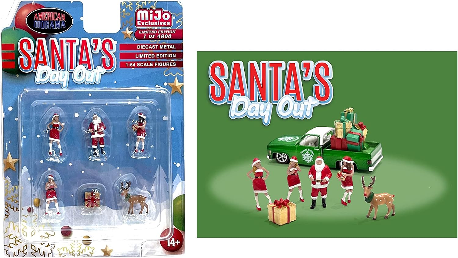 American Diorama Santa's Day Out 1:64 Metal Figures Set AD-76508 (4 Figures + 1 Reindeer + 1 Gift Box)