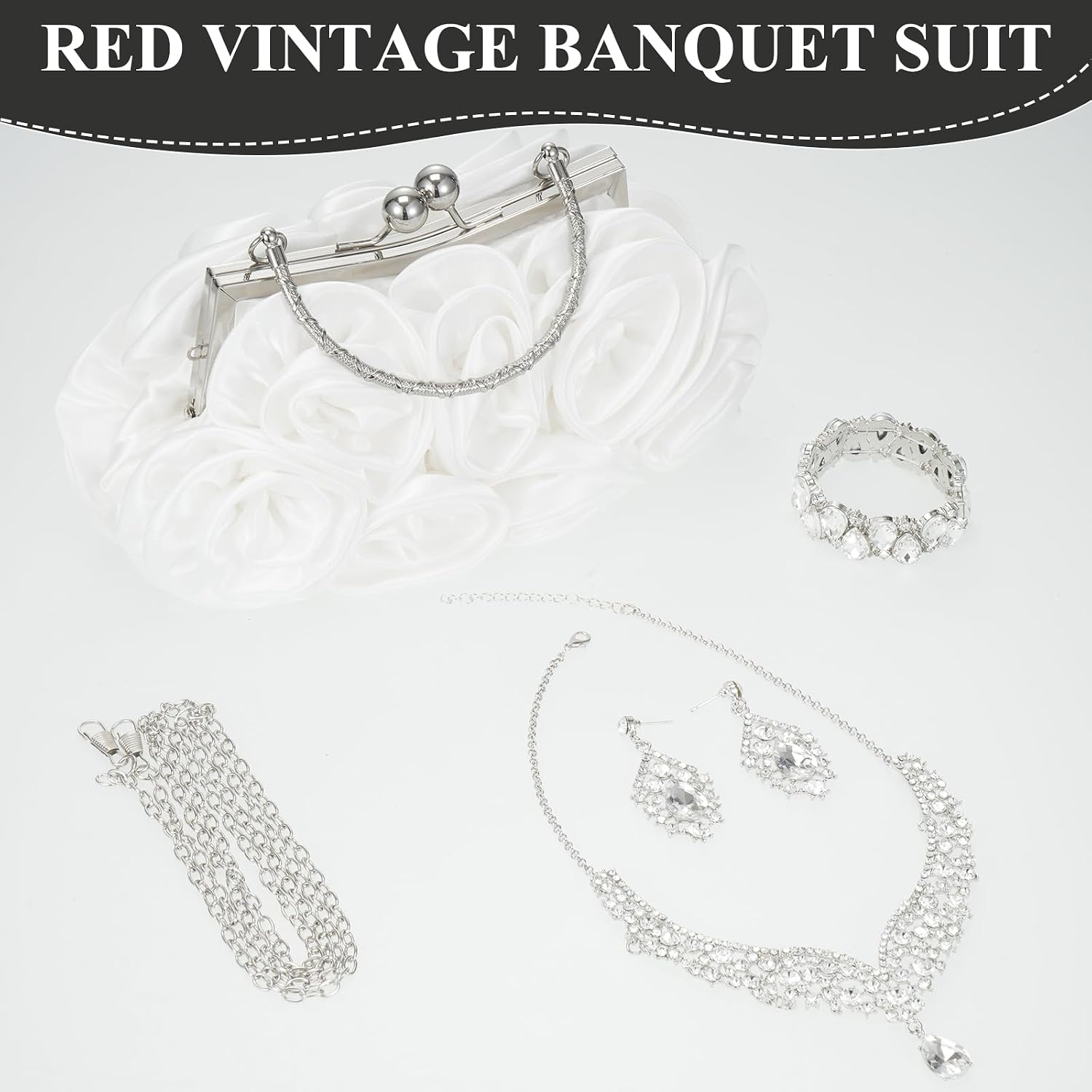 Rose Wedding Jewelry Set 4 Piece for Bride with Clutch Purse, Rhinestone Crystal Necklace Earrings Bracelet, Formal Accessories for Prom Party Banquet Anniversary image 5