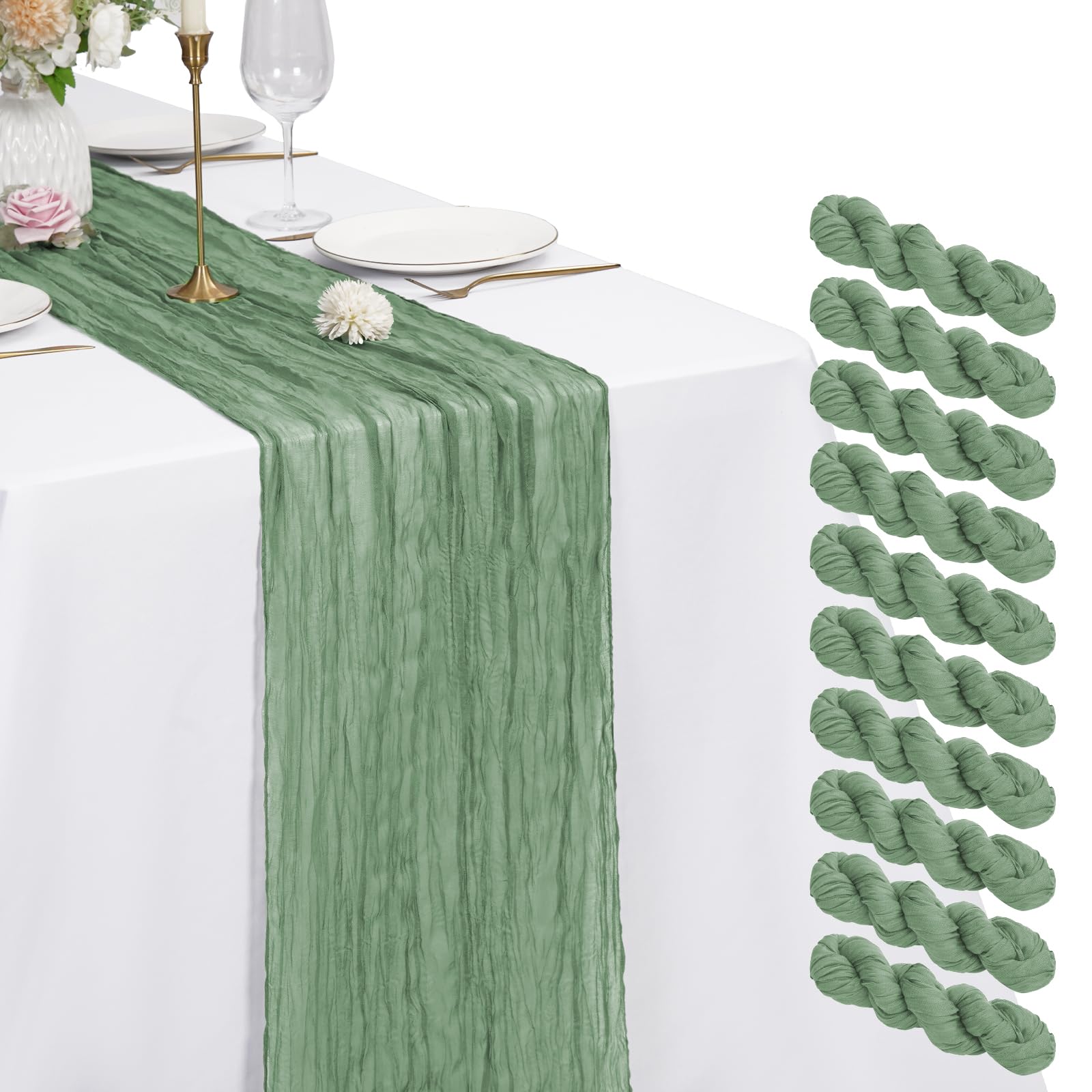 Lot de 10 Chemins de Table en Étamine, Chemin de Table Bohème en Gaze de 55 x 300 cm, Tissu Rustique en Gaze pour Mariages Festivals Remises de Diplôme Dîners Fêtes en Plein Air (Vert Sauge)