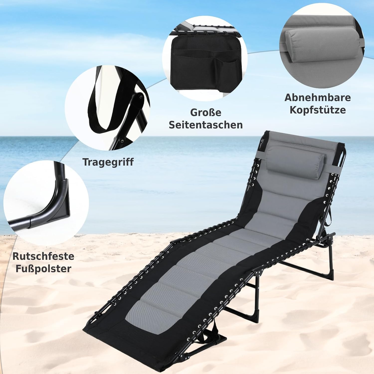 Clevich XXL Liegestuhl klappbar, 199×66 cm Übergroße Sonnenliege mit 5-Fach Verstellbarer Rückenlehne, Gartenliege mit Kopfkissen & Seitentasche, Campingliege bis 150 kg für Strand, Pool
