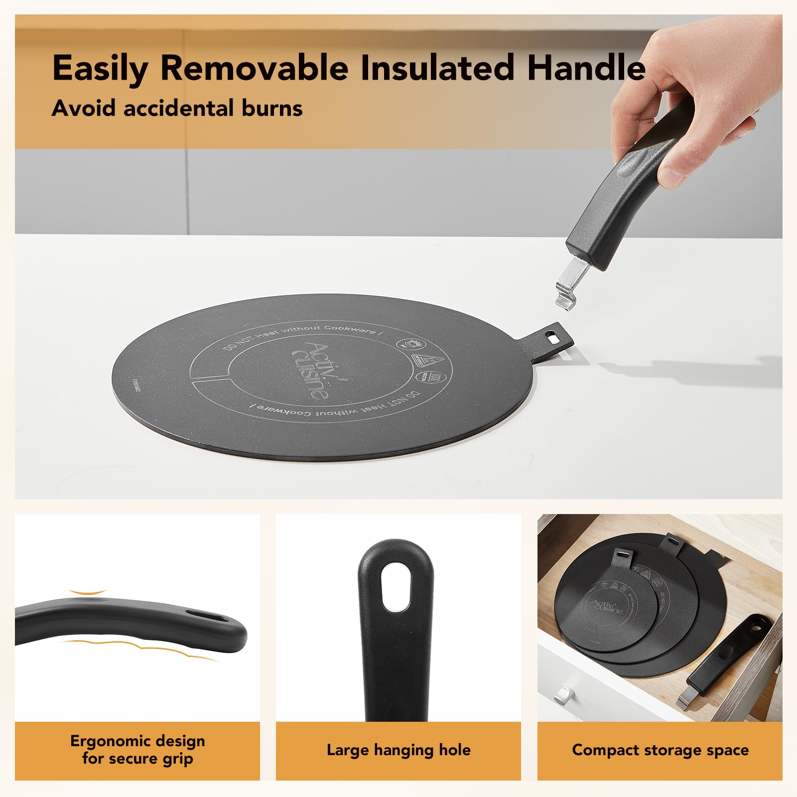 ACTIV CUISINE Adapter indukcyjny z płaskim dyskiem 20 cm ze stali nierdzewnej, z oddzielnym uchwytem i podstawą, dyfuzor indukcyjny Moka do używania ekspresów do kawy, czarny