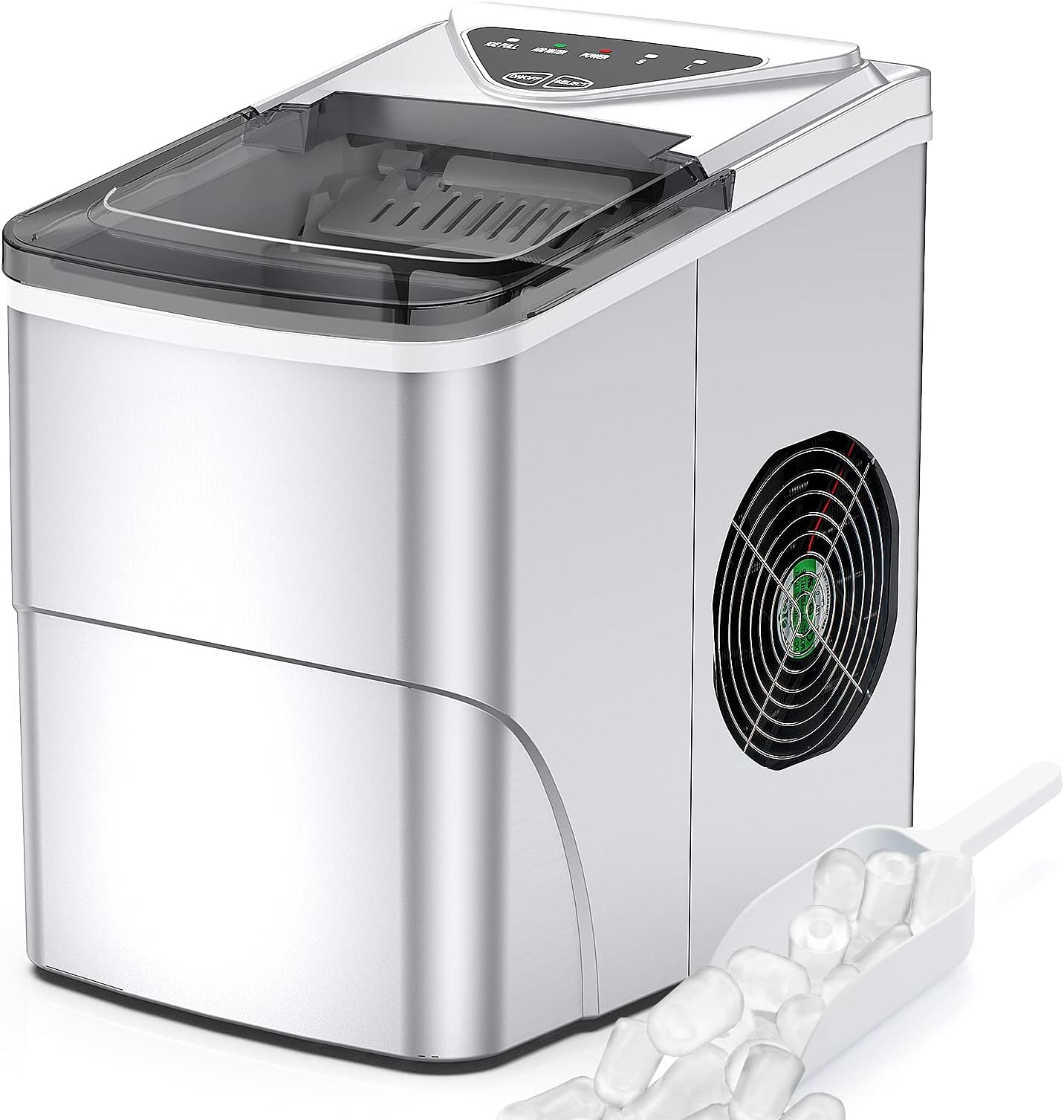 Ice Makers Countertop, Self-Cleaning Function, Portable Electric Ice Cube Maker Machine, 9 Ice Cubes Ready in 6 Mins, 26lbs 24Hrs with Ice Bags and Scoop Basket for Home Kitchen Office Bar(Silver)