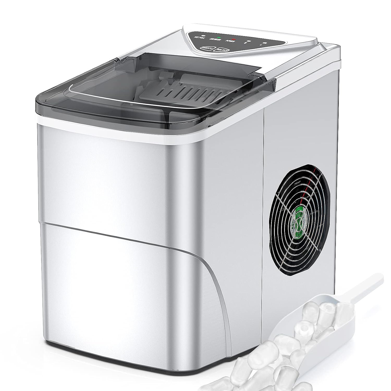 Ice Makers Countertop, Self-Cleaning Function, Portable Electric Ice Cube Maker Machine, 9 Ice Cubes Ready in 6 Mins, 26lbs 24Hrs with Ice Scoop and Basket for Home Kitchen Office Bar(Silver)