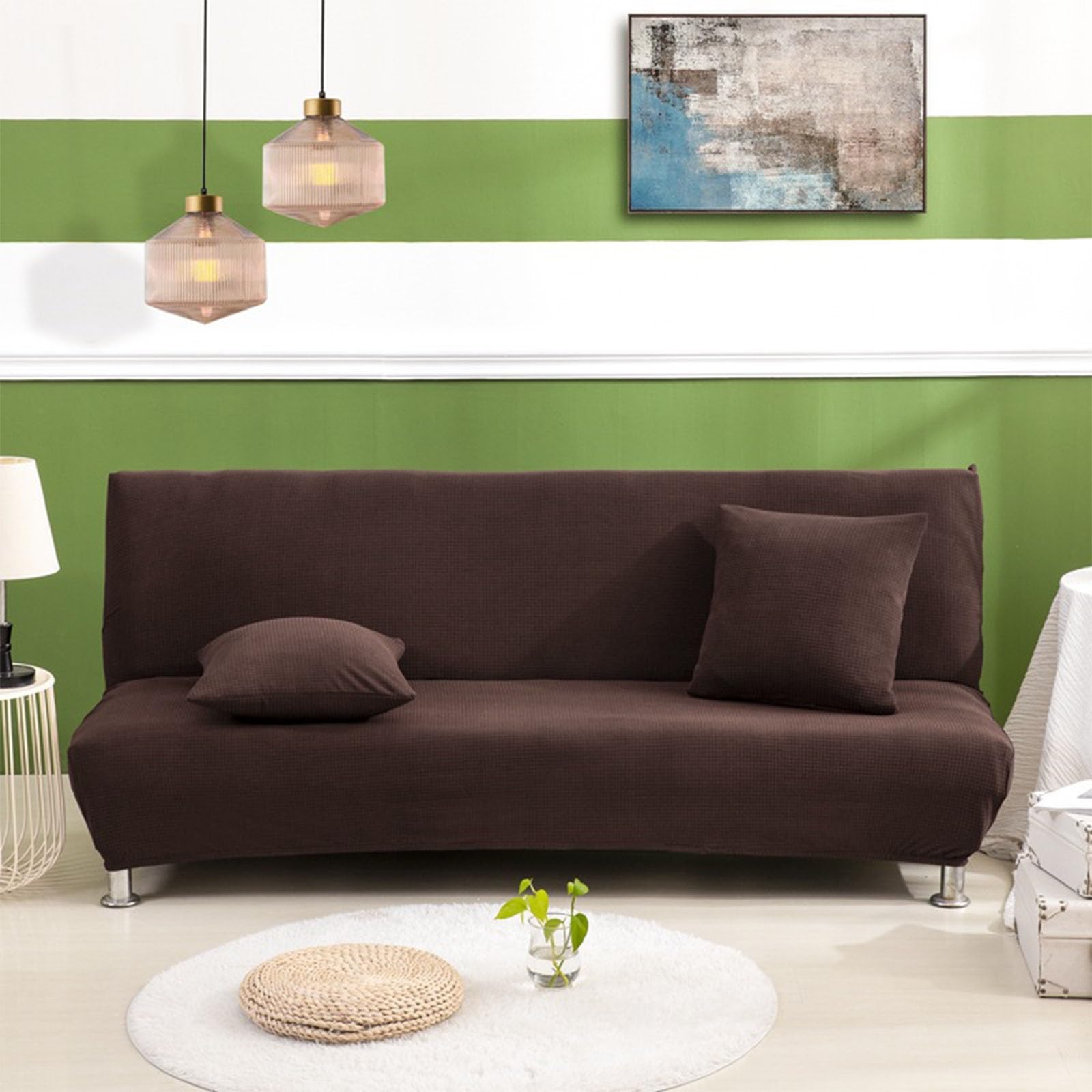 Housse de canapé sans accoudoirs polyester extensible marron avec taies L