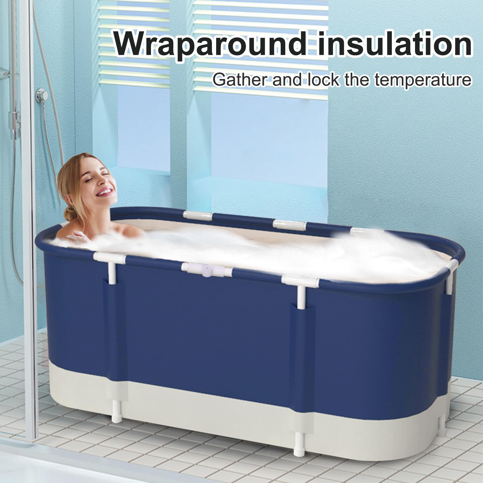 Vasca da bagno portatile, vasca da bagno pieghevole da 115cm, vasca da bagno addensata a 7 strati con supporto in metallo, SPA (Blu e bianco)