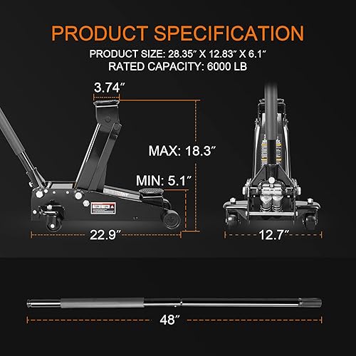Miniatura 6 de Torin ATZ830023B Gato hidráulico de acero resistente para servicio/piso con bomba de elevación rápida de doble pistón, capacidad de 3 toneladas