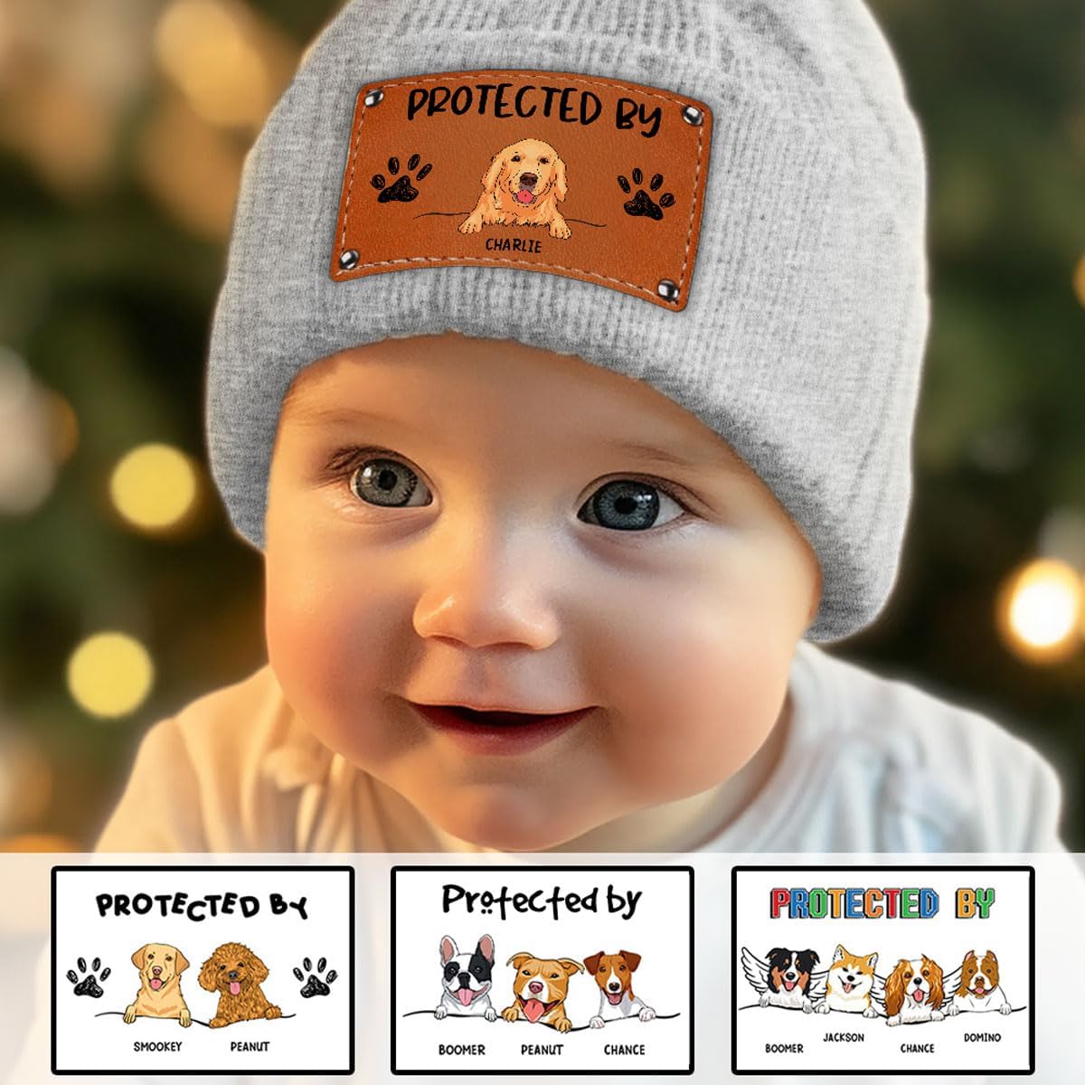 Wrappiness Custom Baby Beanie - Protected by Dogs, Personalized Baby Winter Hat, Gifts for Newborn Infant Toddler Kid, Leather Patch Dog Beanie for Boy, Girl Beige