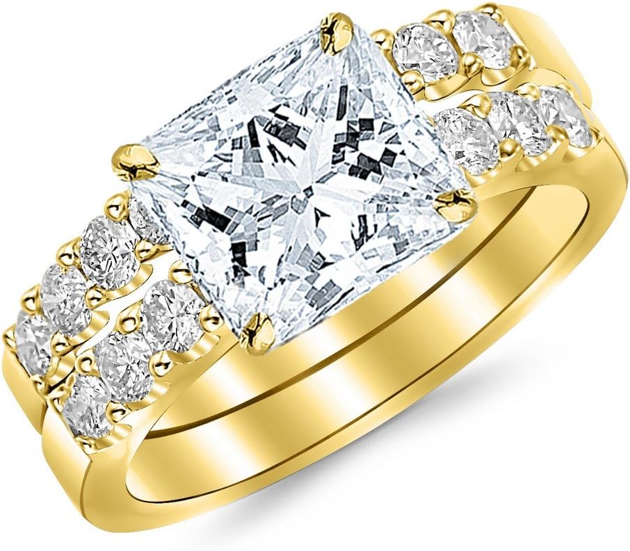 Houston Diamond District 1.51 CTW Princess Cut Classic Prong Set Bridal Set With Wedding Band and Diamond Engagement Ring, J Color