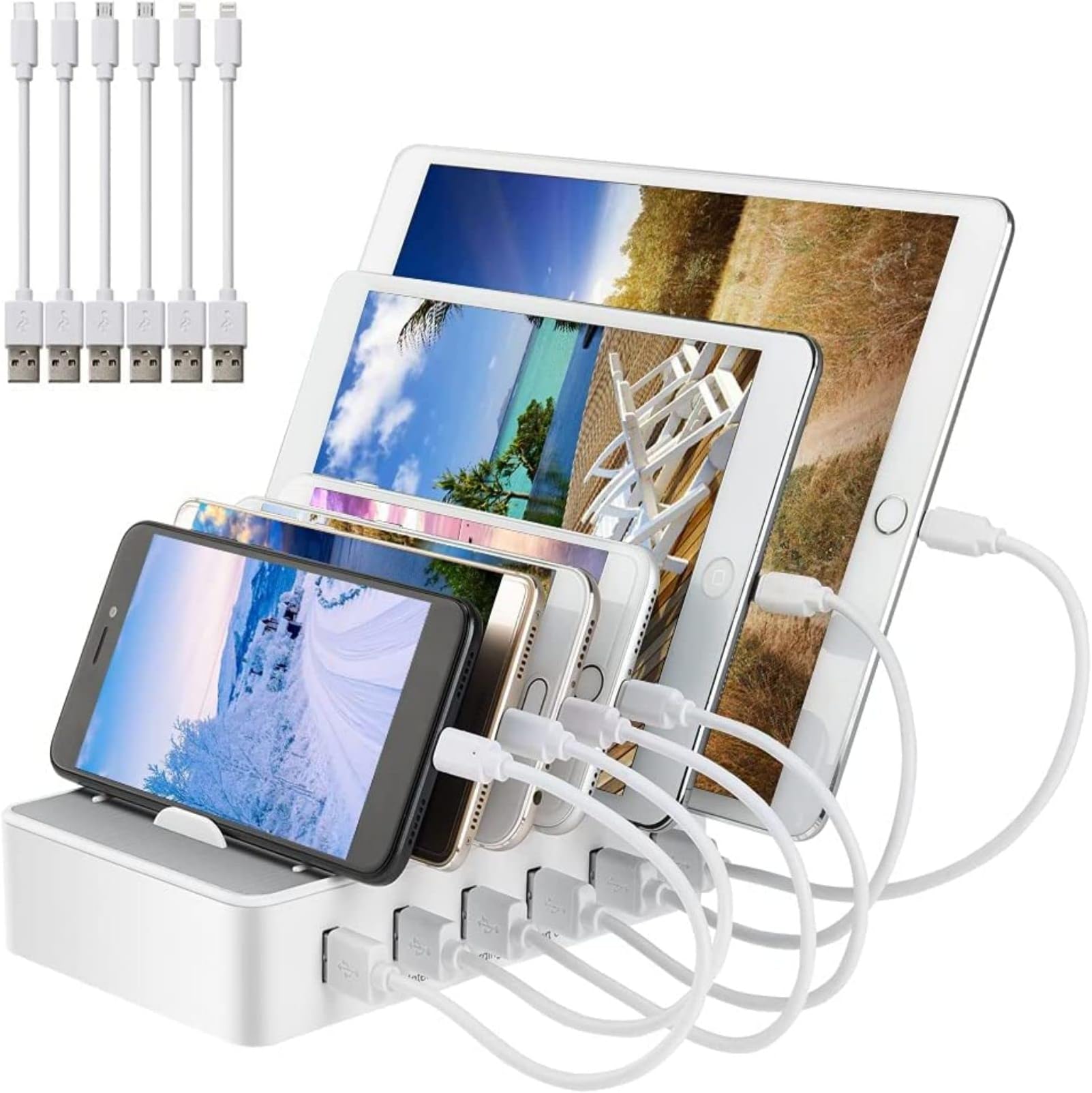 Charging Station with 6-Port 60W - USB Charging Station Multi-Device Organizer Type-C Wireless Fast Charge Quick Charger Dock Stand for Phone 13 8 Plus Galaxy Samsung Huawei Mobile Phone