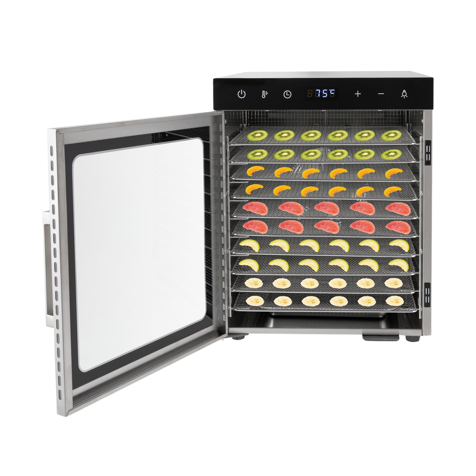 Disidratatore completamente in acciaio inox a 10 livelli, regolazione della temperatura regolabile da 30 a 80 °C, essiccatore per frutta e verdura, pannello LED con doppi manici e clip per alimenti