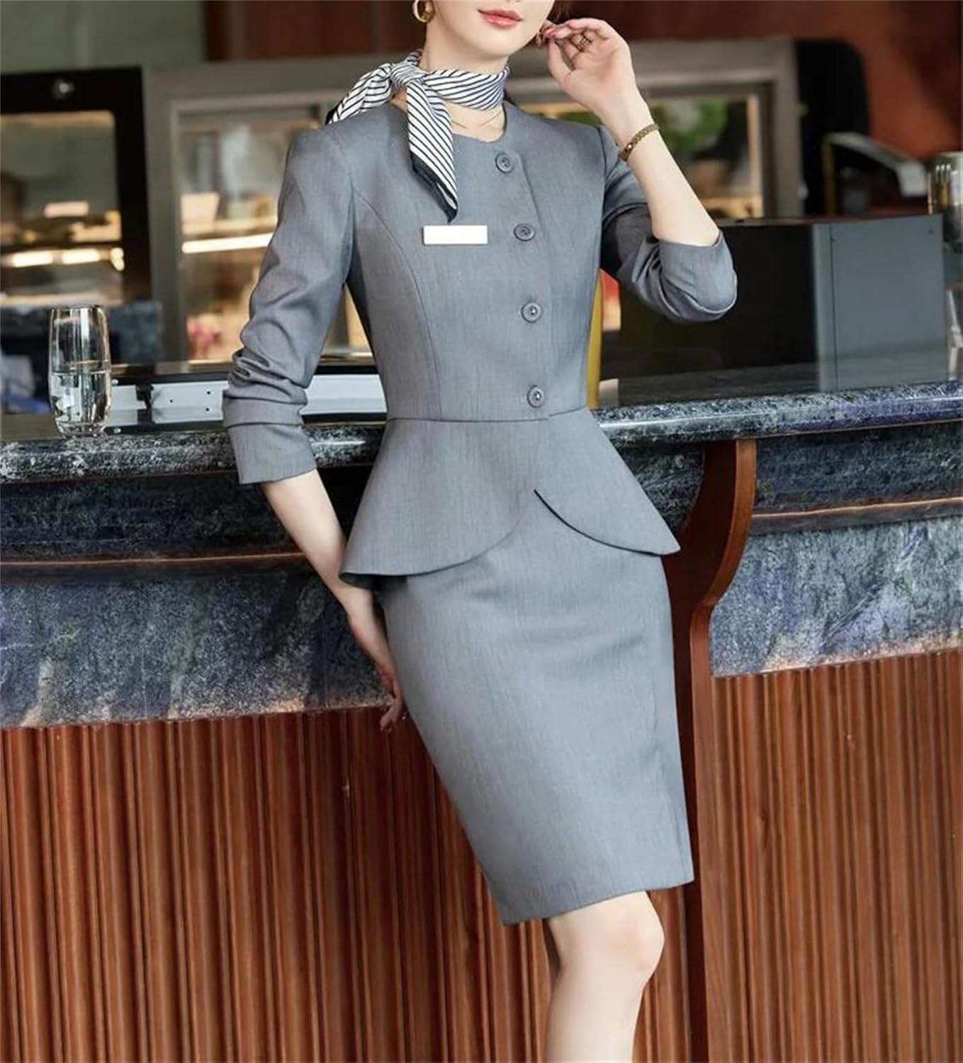 Women’S Professional Two Piece Short Skirt Suit Jacket Elegant Long Sleeve Blazer and Pencil Skirt