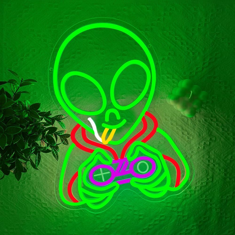 Green Alien Gamr Neon Sign,Gaming Dimmable LED Light Signs for Wall Art Decor,Game Room Backdrop for Bar Bedroom Club Party Man Cave,Alien Gift for Boys Teen Men USB Powered（ 15.8"* 11.9"） image 2