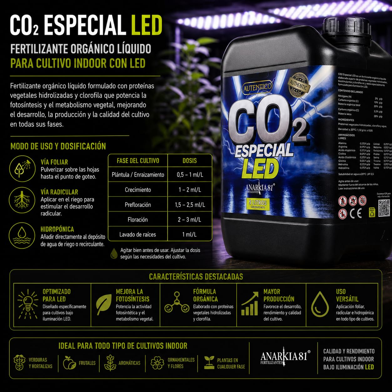 CO2 Especial LED 5 L – Fertilizante Orgánico Líquido para Cultivo Indoor con Iluminación LED - Anarkia81