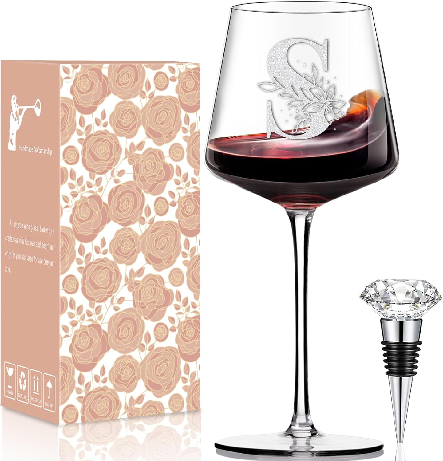 Physkoa Personalized Wine Glass-Initial Wine Glass Gifts for Women(Etched Dishwasher Safe),Customized Monogrammed Valentines Day Gift for Her/Mom/Wife/Best Friend/Sister-Letter S