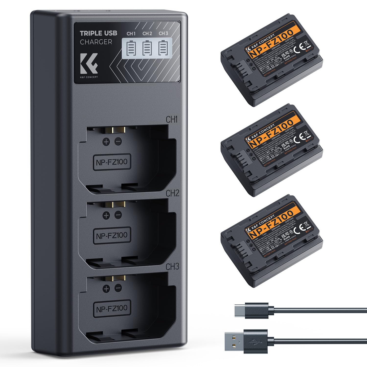 K&F CONCEPT NP-FZ100 Batterie et Chargeur à Trois Slot, 3 X 2280mAh Remplacement Batterie pour Sony A7iii, A7iv, A7C, FX3, FX30, A9, A6600, A6700, ZV-E1, ZV-E10ii, Alpha 9, A9S, A7R III, A7R IV, A7RV