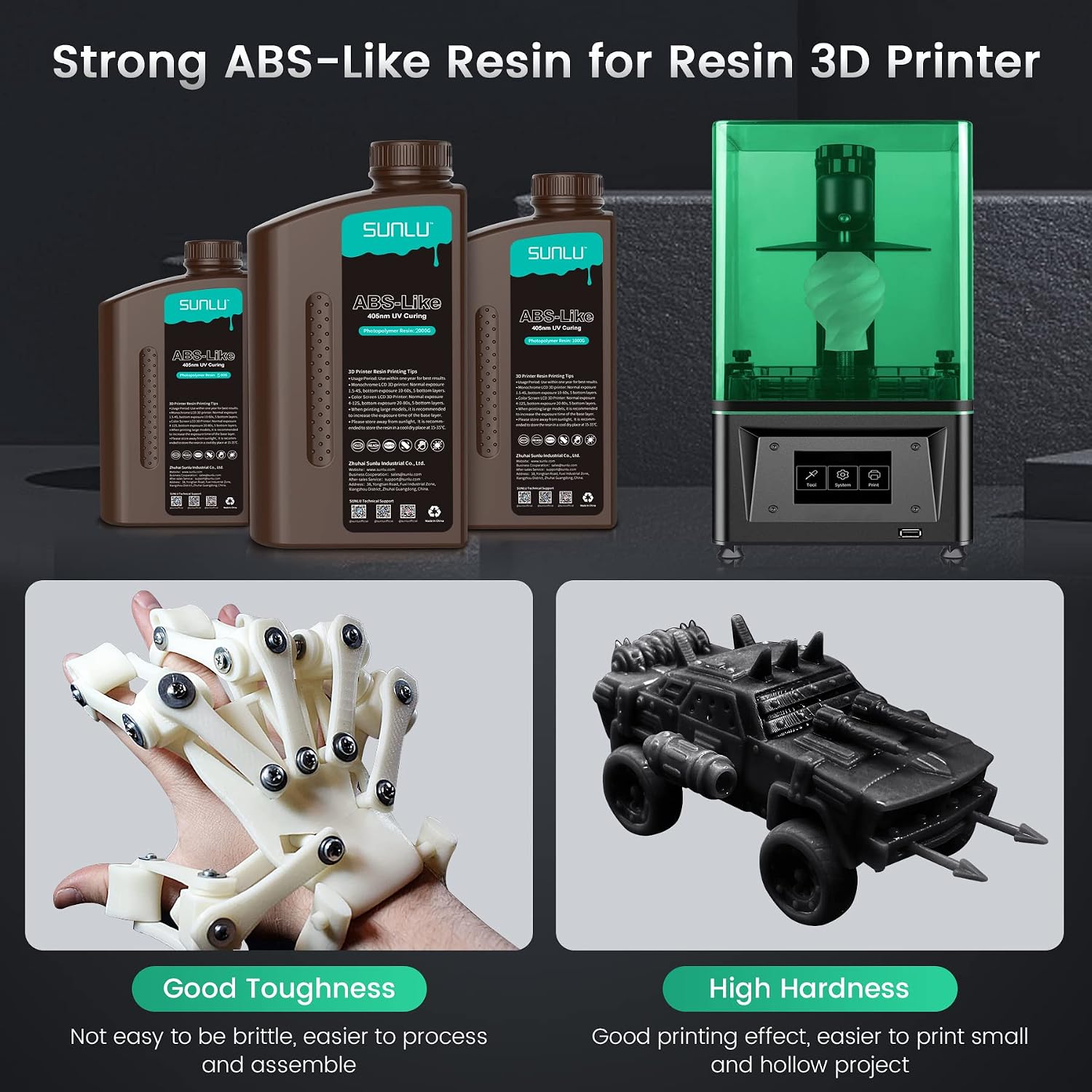 3D Printer Resin, SUNLU 2KG ABS-Like Fast Curing 3D Resin for LCD DLP SLA 3D Printers, High Quality 395-405nm UV Light Curing Photopolymer Resin, Strong Non Brittle, High Precision, 2000g, Dark Grey