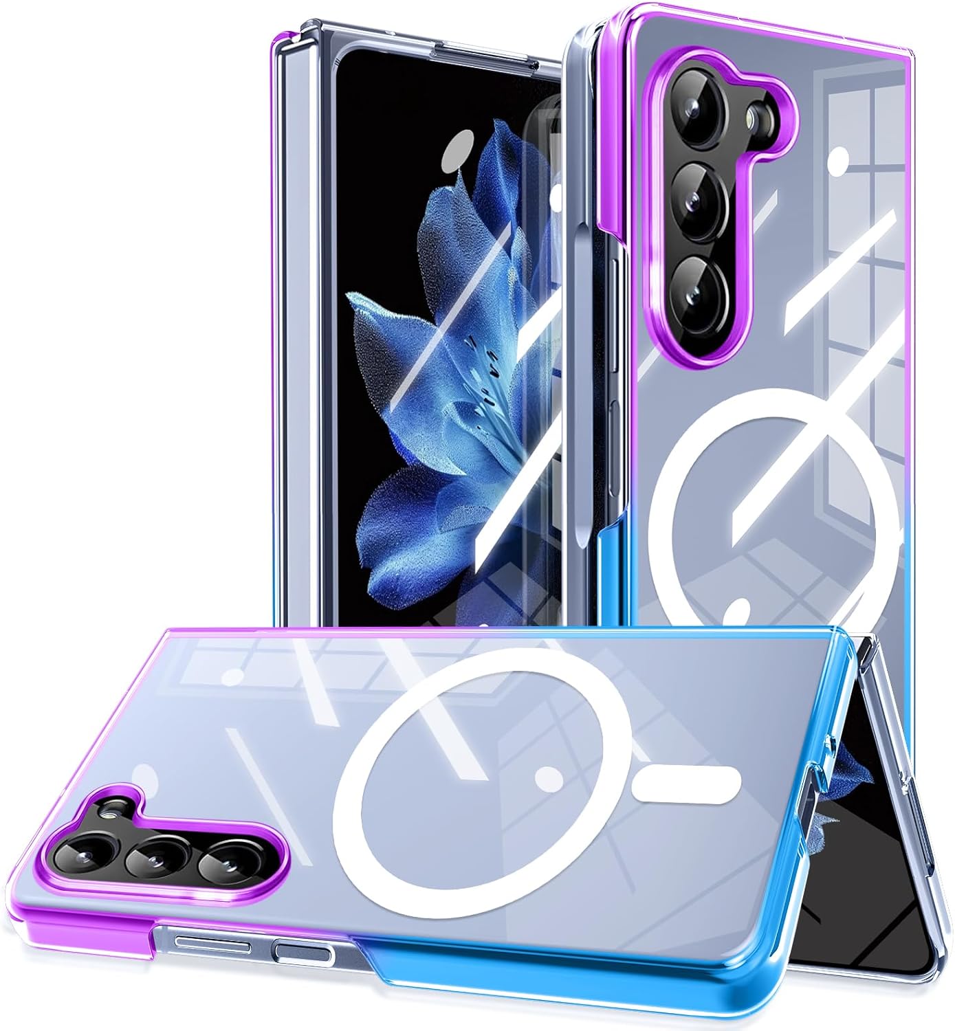 for Galaxy Z Fold 6 Case Clear，[Strong Magnetic] Wireless Charging，[Gradient][Not Yellowing]，Shockproof Protective Scratch Resistant Hard PC+TPU,Purple/Blue MUS-CXSX-03-03