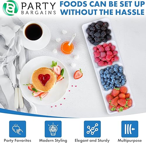 Miniatura 5 de Party Bargains Bandeja rectangular seccional desechable blanca (paquete de 4) de 5 x 16 pulgadas. Bandeja de plástico con 4 compartimentos para