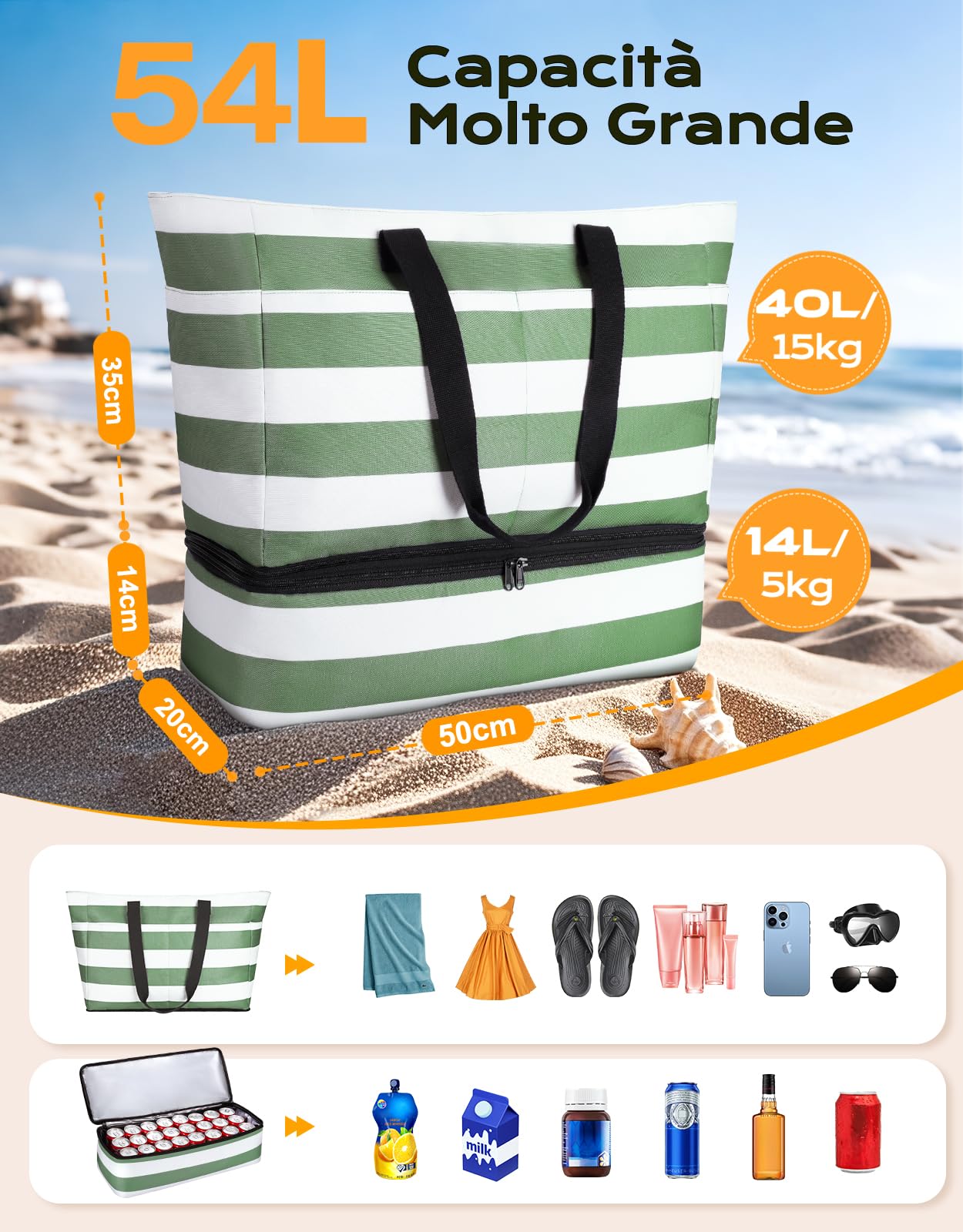 CIRYCASE Borsa Mare Grande con Termica XXL, 54L Borsa da Spiaggia Viaggio Impermeabile, Anti-Sabbia Pieghevole Borsone Mano Tote Bag Multitasche e Barriera Umida per Famiglia/Shopping/Palestra/Vacanze