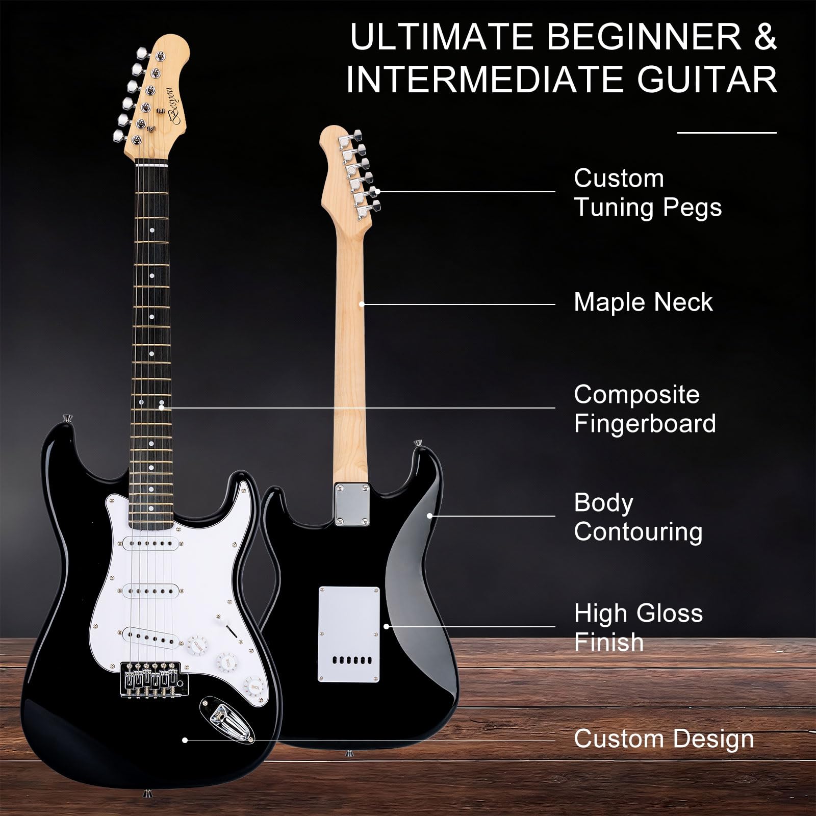 E-Gitarre 39 Zoll Anfänger E-Gitarre Kits mit Verstärker Classic SSS Tonabnehmer Komplett mit Gigbag Tuner Kapodaster Gurt Plektren Gitarrensaitenwickler Schwarz