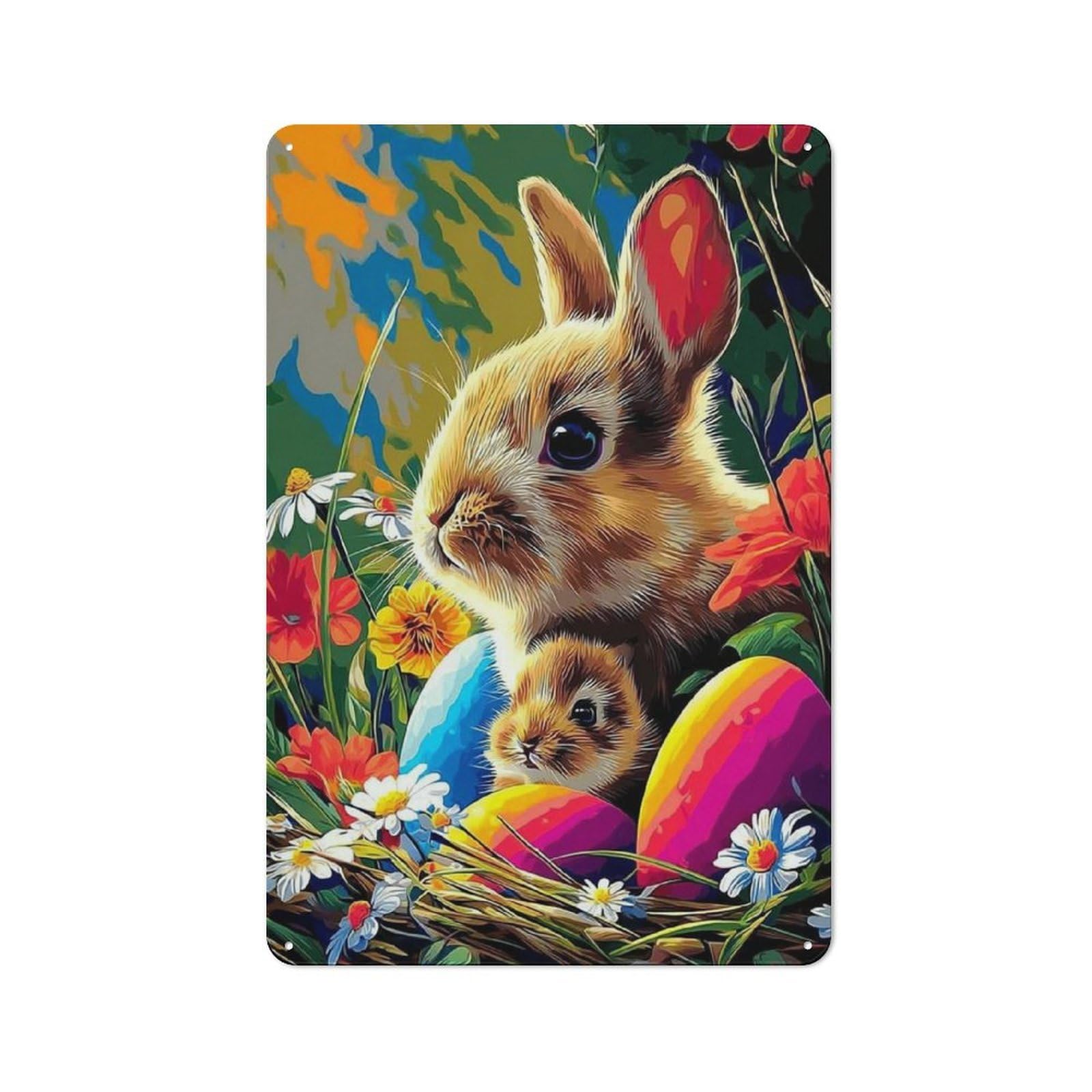 Junmoney Easter Bunny With Eggs In Garden Metal Sign 30X20cm With For Hallway Wall, Rustic Decor, For Furnishing A New Hallway With Rustic Decor