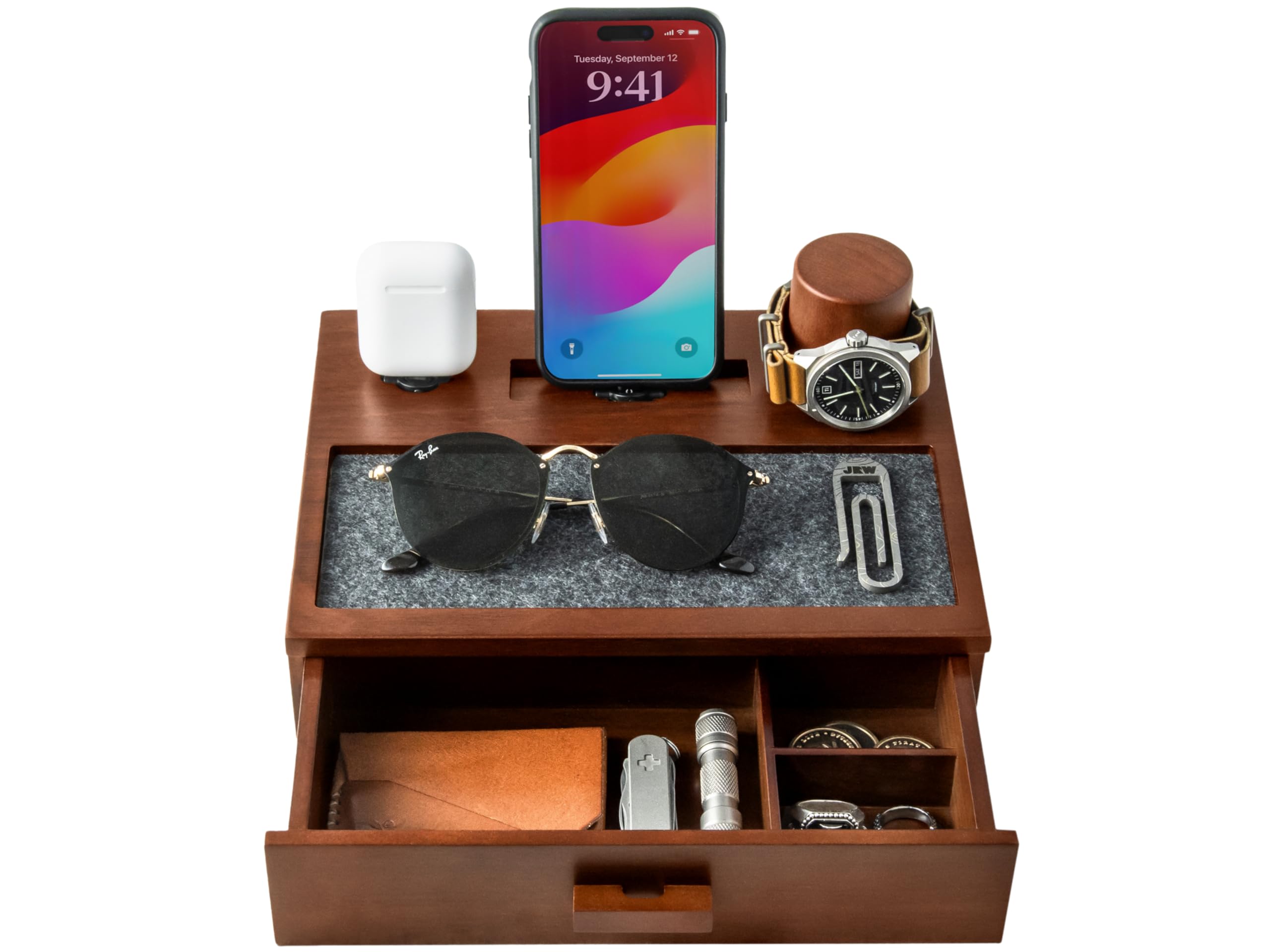Holme & Hadfield Organizer da comodino da uomo, docking station unica in legno per caricare il telefono e gli auricolari, stazione di ricarica in legno con vassoio foderato e cassetto, docking station