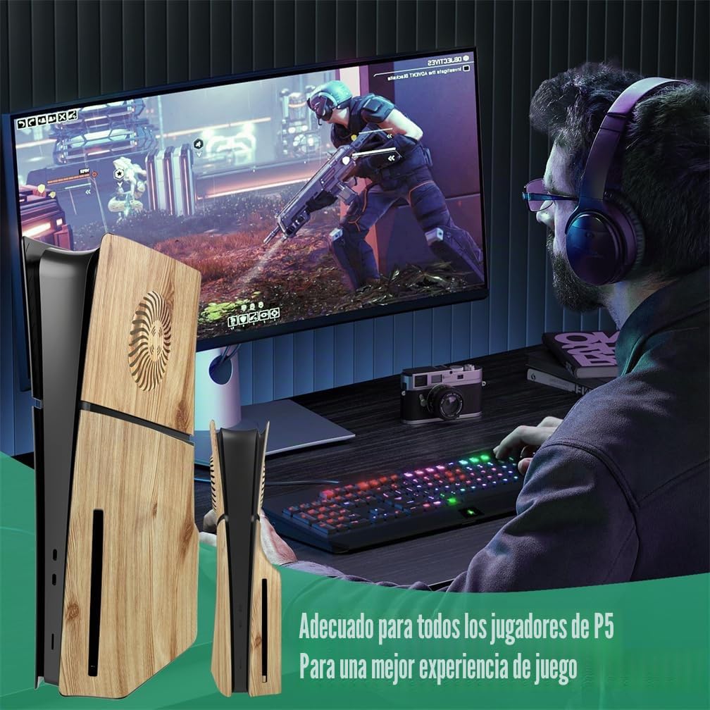 LiLiTok Funda protectora para PS5 Slim Faceplates, placa de repuesto para piel, resistente al polvo, carcasa ABS para Playstation 5, accesorios delgados 2023 (versión de disco de grano de madera)