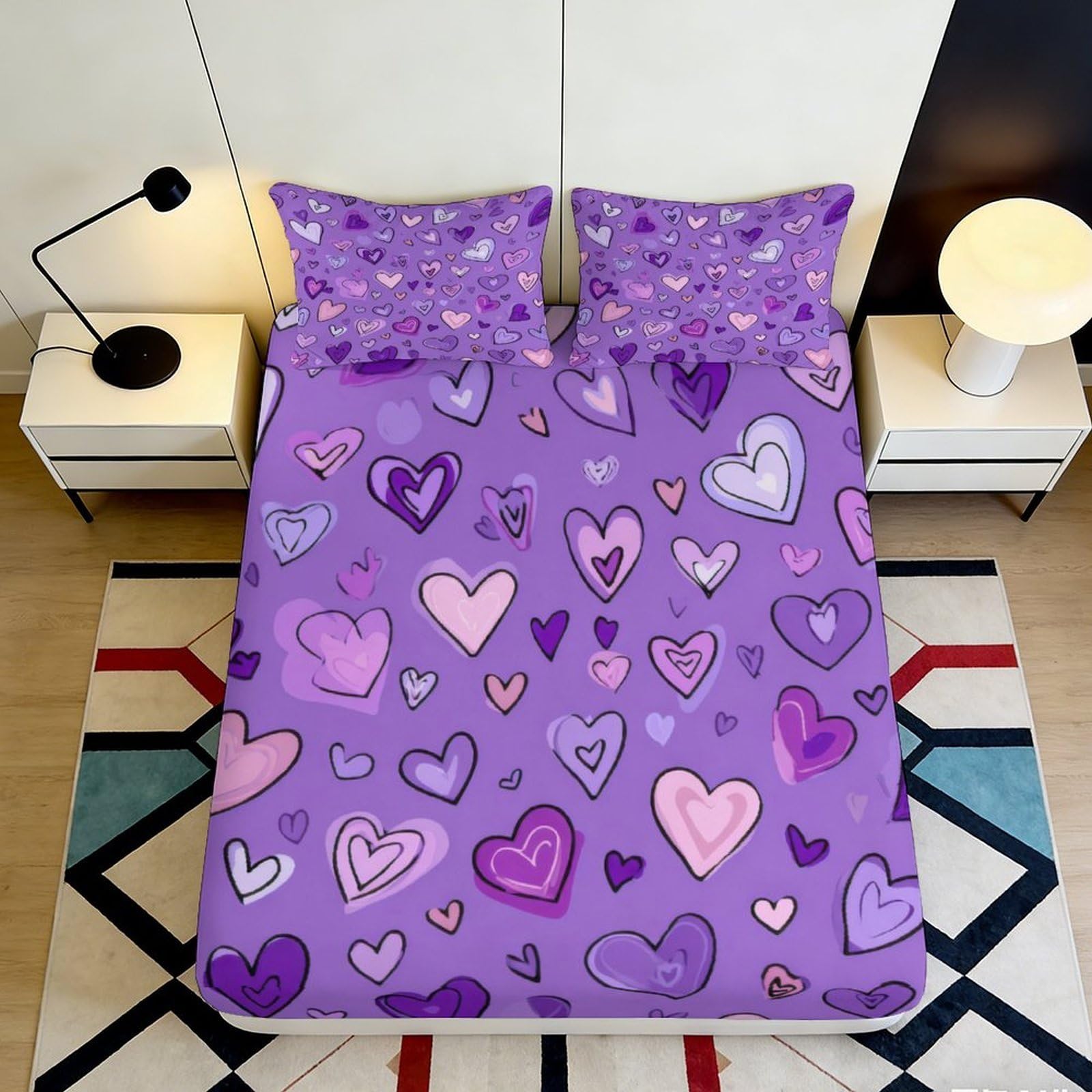 Dhbaneiok Style-9 3D Printed Purple Hearts Fitted Sheet Microfiber Soft Non-Slip Mattress Cover Romantic Bedroom Dorm Decor Washable 90X200x25cm