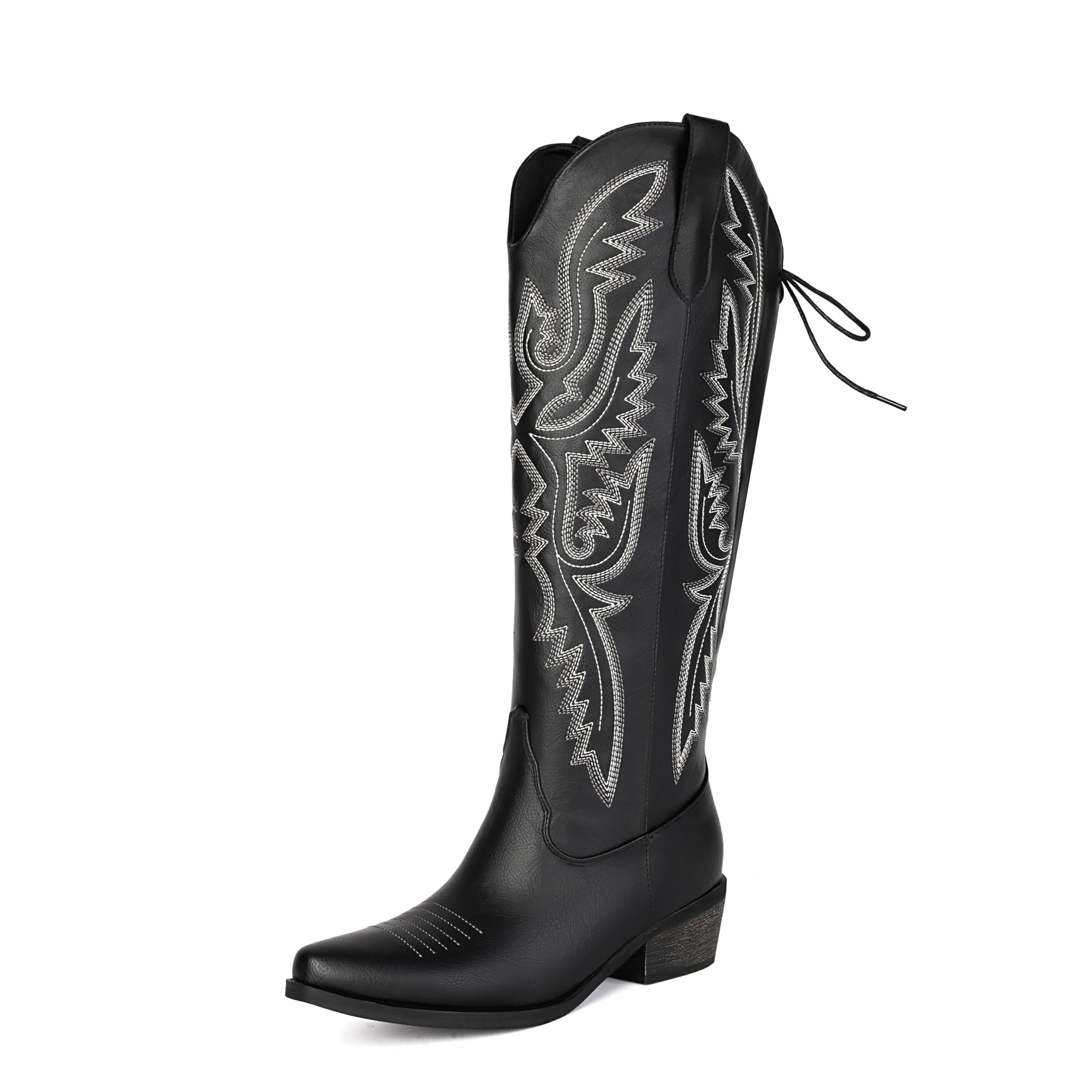 Wide Calf Cowboy Boots for Women Knee High Cowgirl Boots Adjustable Lace Up Embroidered Boots with Side Zipper