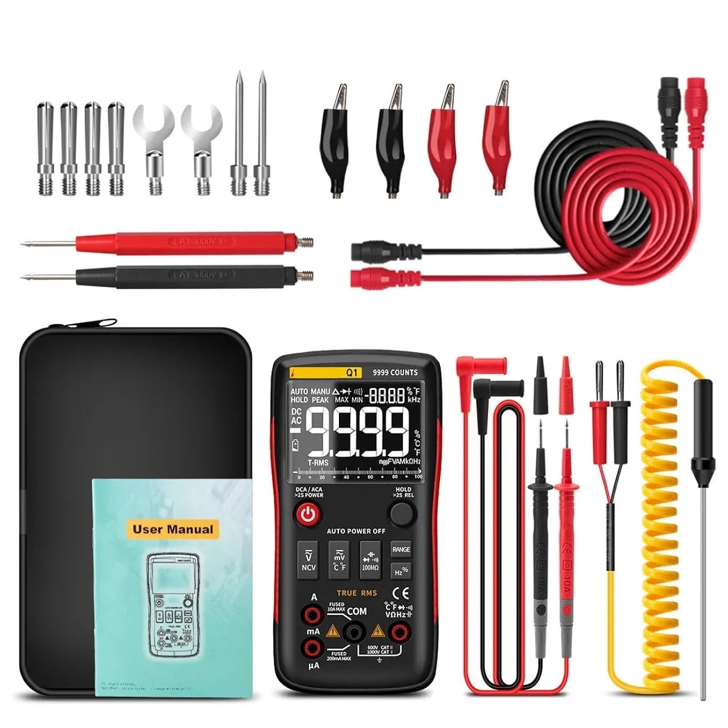 Digital Multimeter 9999 Analog Tester Q1 True RMS Professional Multimetro DIY Transistor Capacitor NCV Testers LCR Meter(Q1 Red Pro)