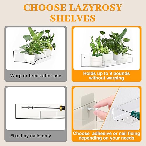 Miniatura 4 de Paquete de 6 estantes flotantes Estante de almacenamiento de acrílico transparente PET montado en la pared sin perforaciones con adhesivo,