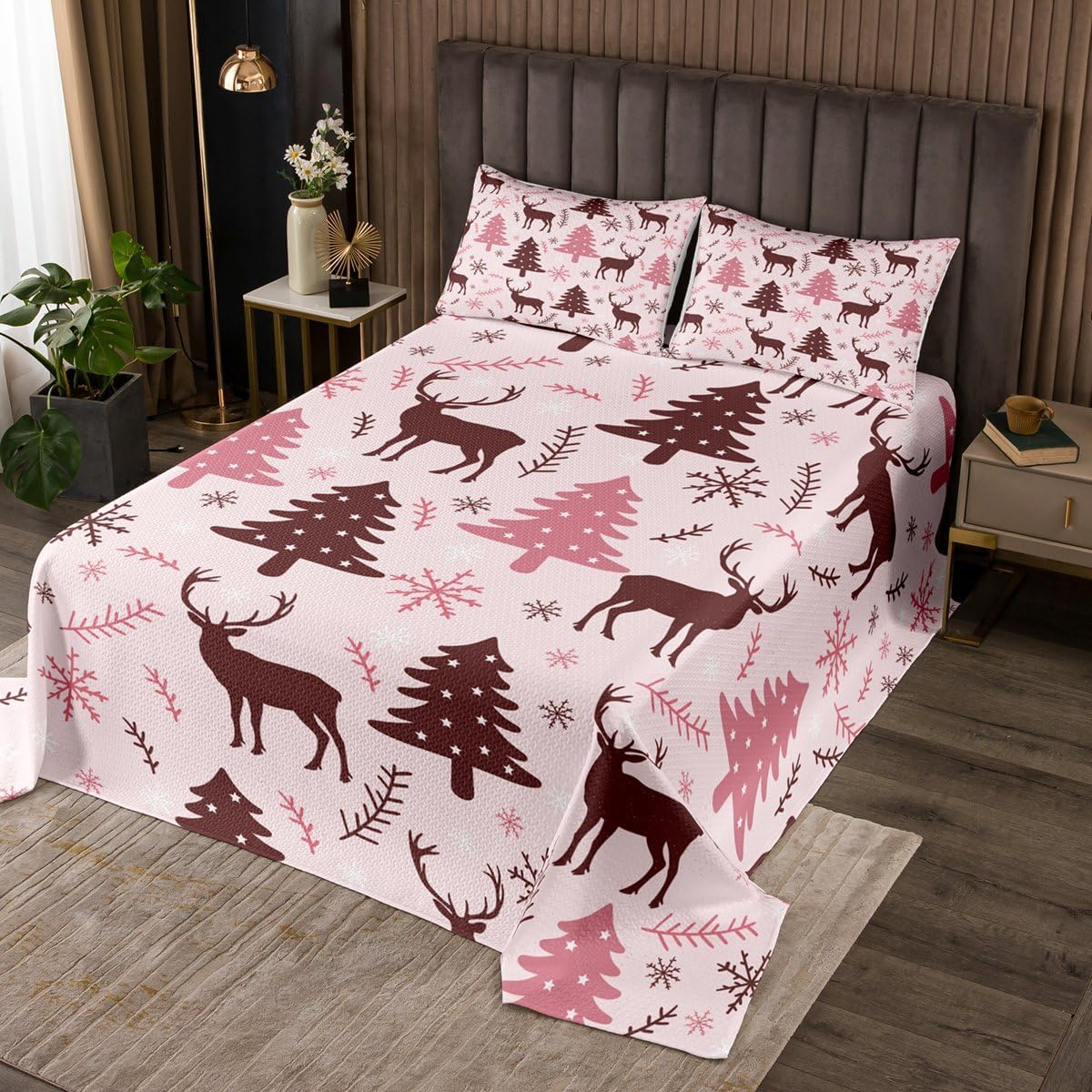 Erosebridal Christmas Pink Trees Coverlet Set Twin Xmas Woodland Deer Bedspread Cartoon Wild Animal Quilt Set for Kids Adults,Snowflakes Leaves Bedding Quilted