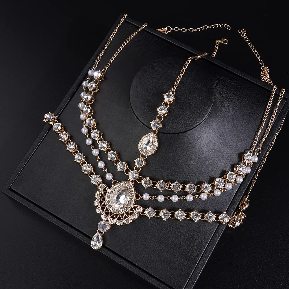 JWICOS Boho stras łańcuszek na głowę perłowy łańcuszek na głowę dla panny młodej ozdoba na głowę opaska na głowę ślubna akcesoria do włosów dla kobiet i dziewcząt