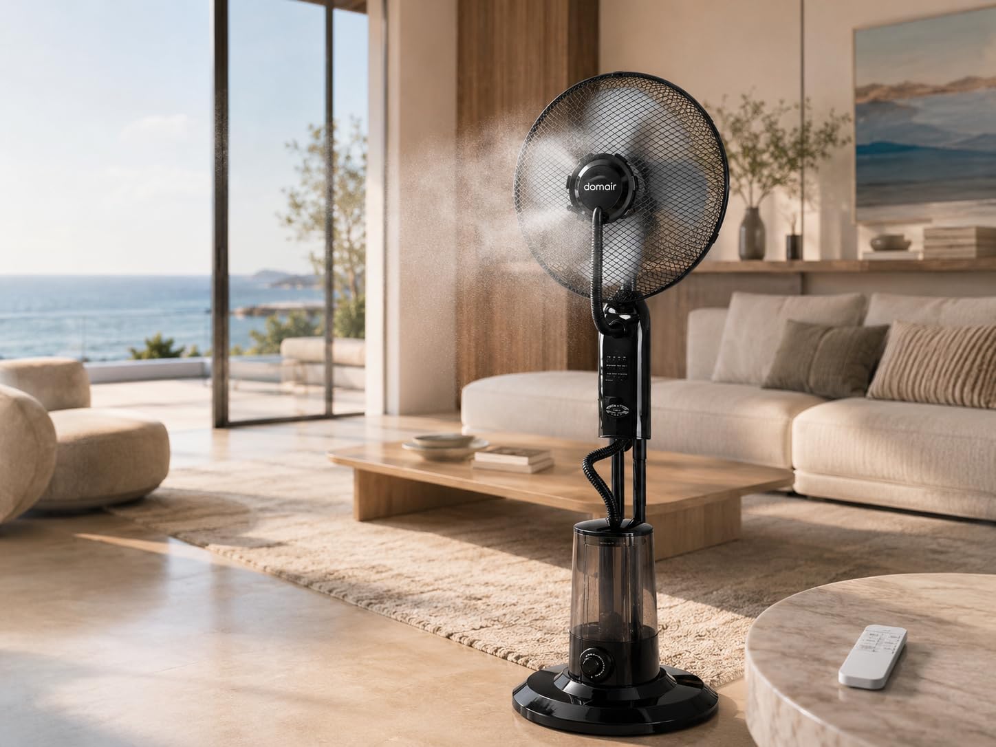 DOMAIR Ventilateur Brumisateur sur Pied avec Télécommande, Ventilateur Humidificateur Oscillant, 75 Watts, 3 Vitesses, 4 modes de ventilation, Mode Nuit, Minuterie, Diffusion de Brume, Noir